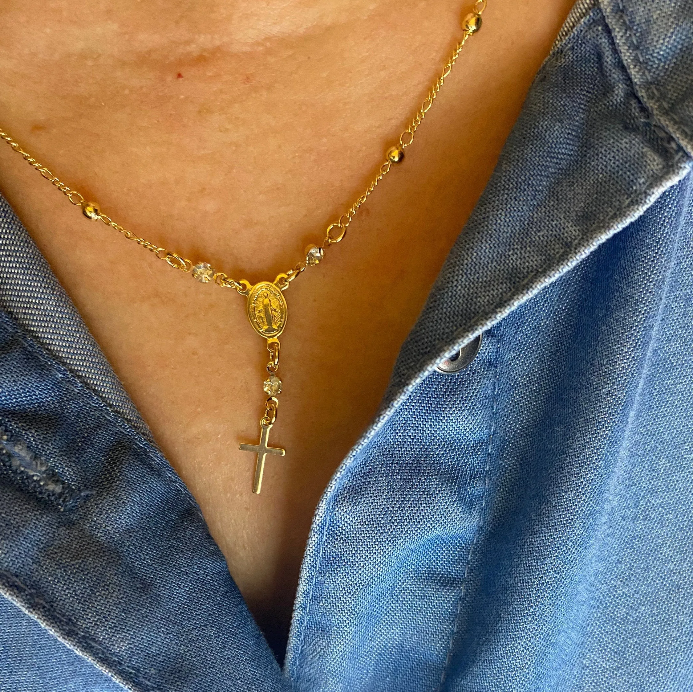 18k Gold Filled Our Lady of Graces Rosary Ball Chain and Small Plain Cross