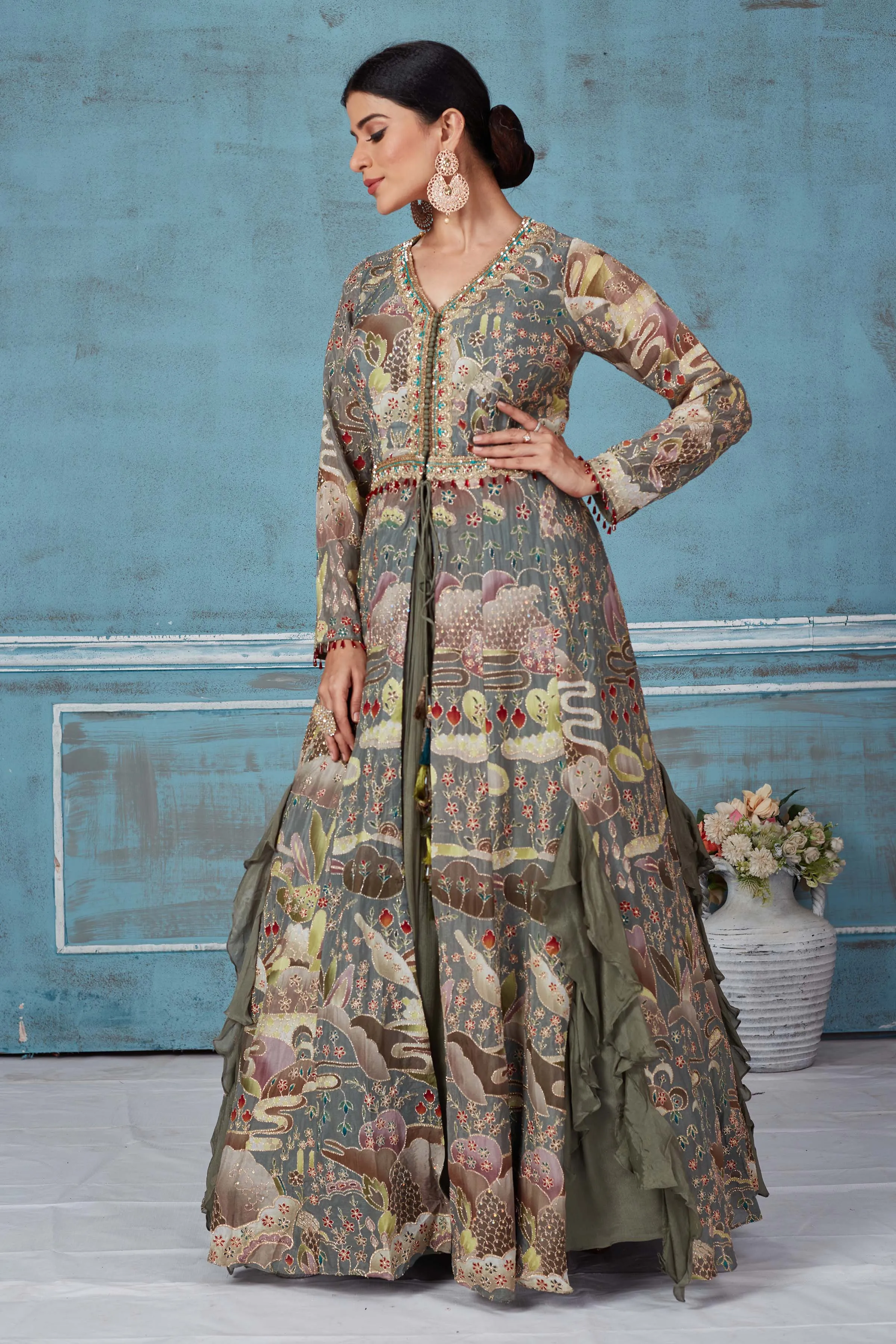 32A035 Olive Green Printed And Embroidered Anarkali Suit