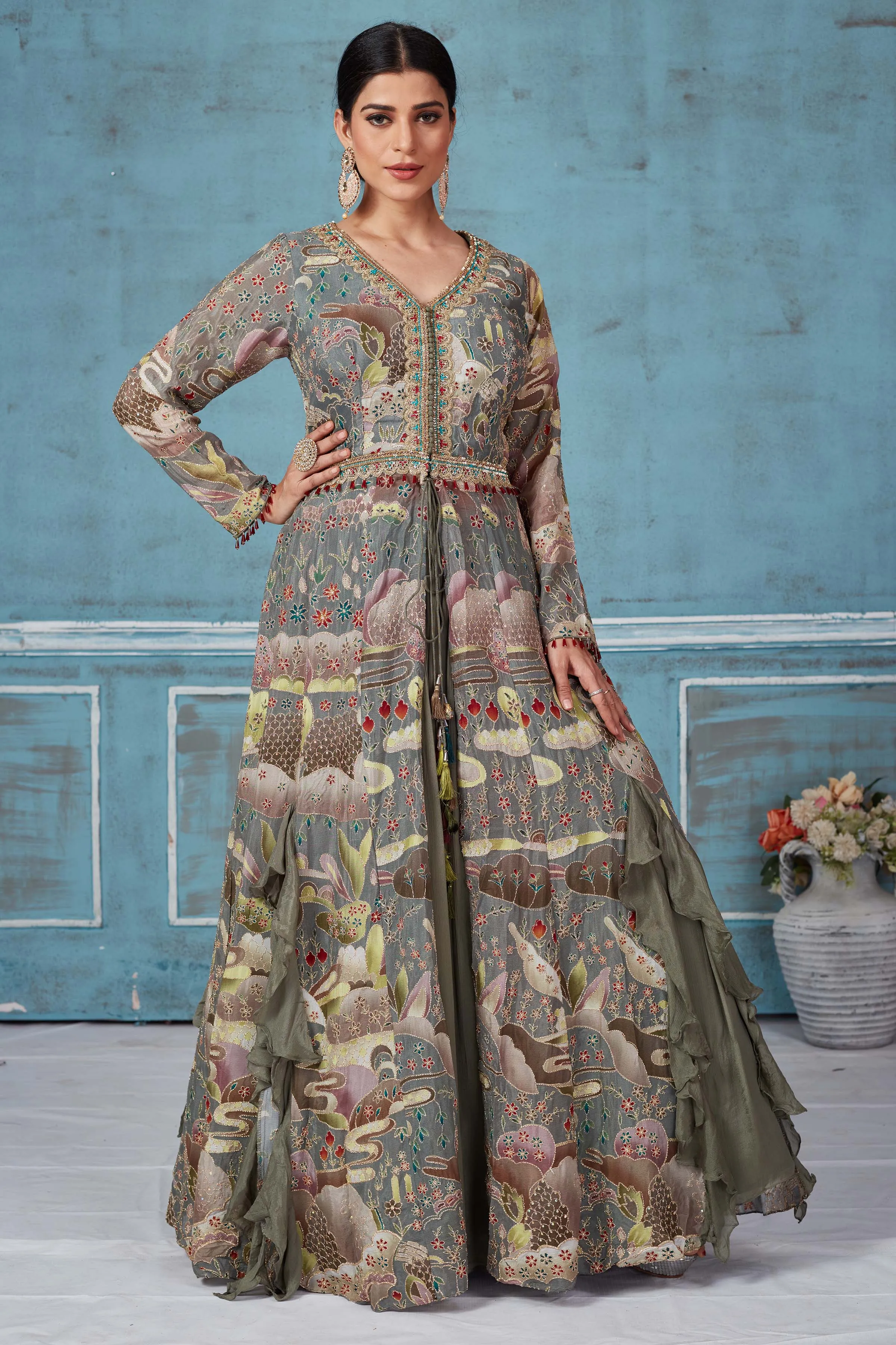 32A035 Olive Green Printed And Embroidered Anarkali Suit