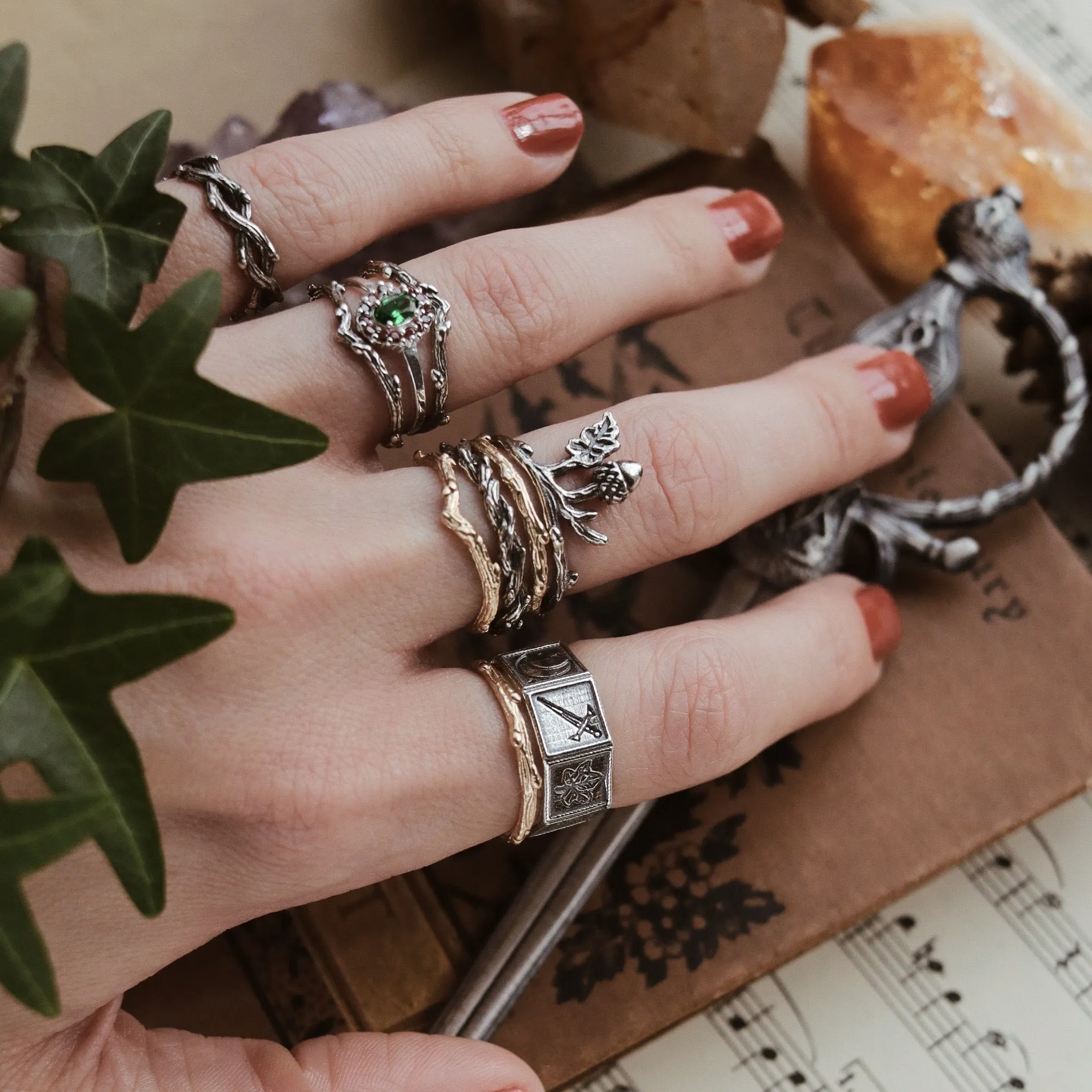 Acorn Oak Thorn Branch Boho Ring