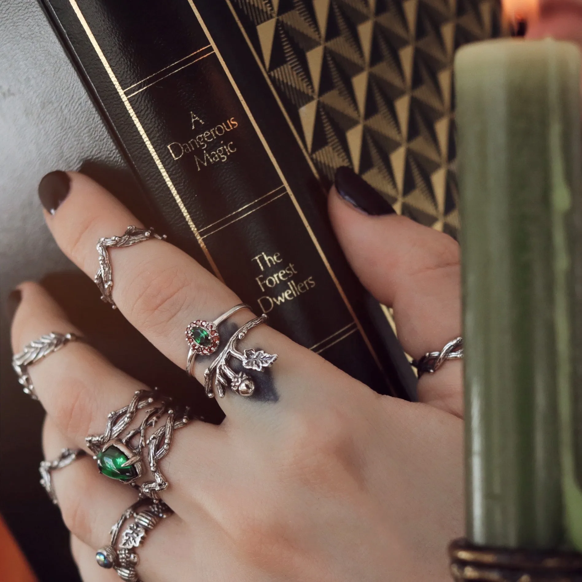 Acorn Oak Thorn Branch Boho Ring