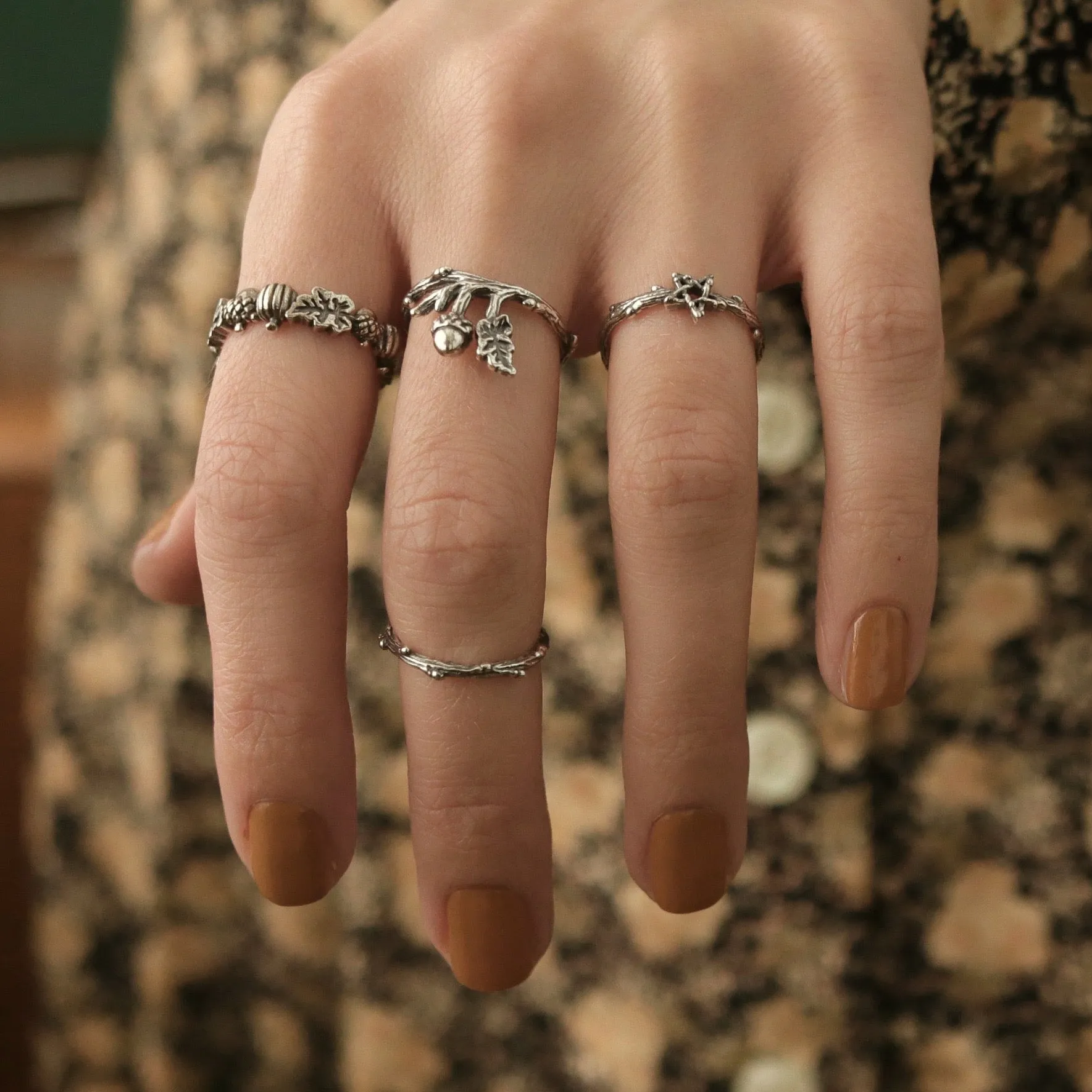 Acorn Oak Thorn Branch Boho Ring