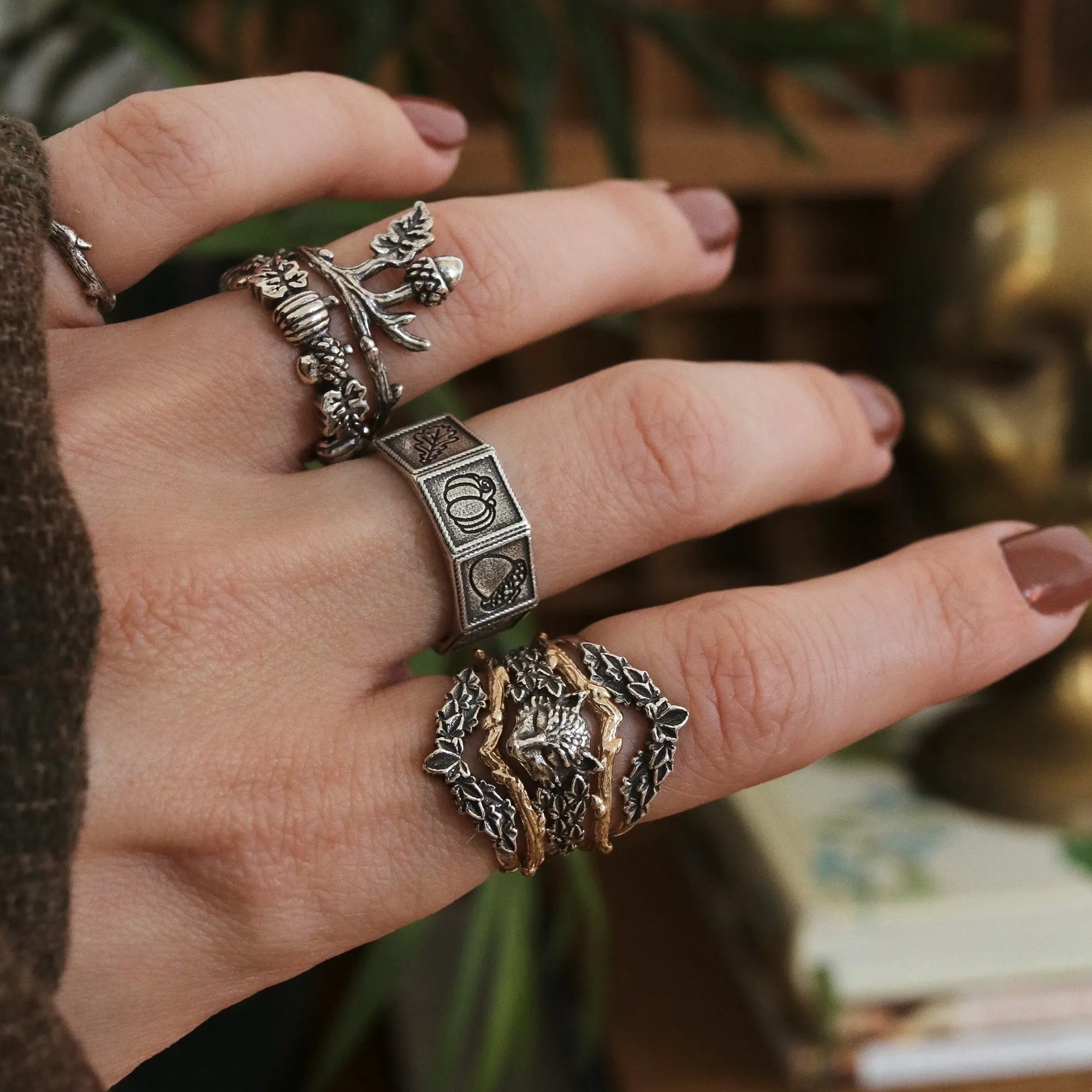 Acorn Oak Thorn Branch Boho Ring