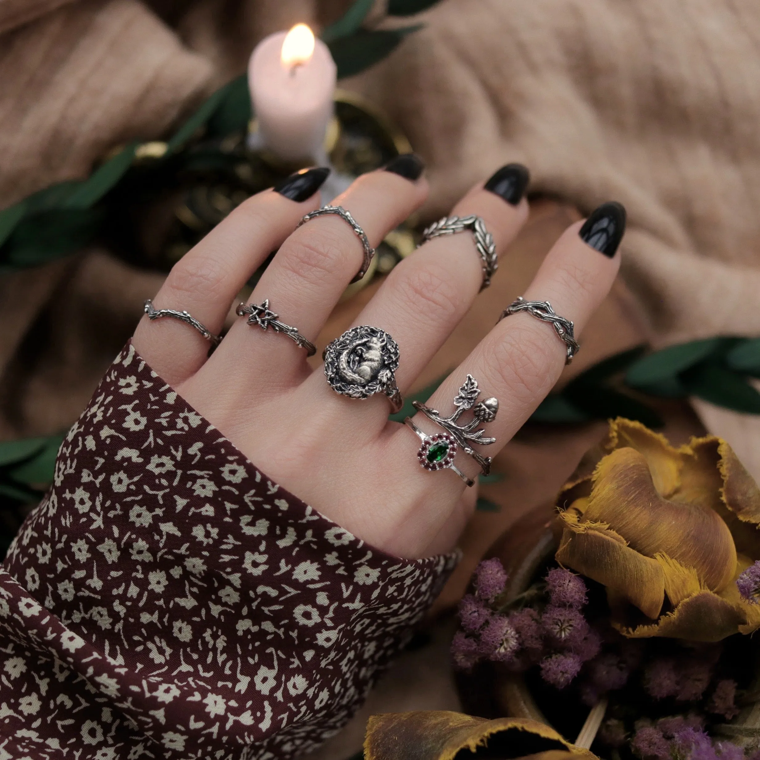 Acorn Oak Thorn Branch Boho Ring