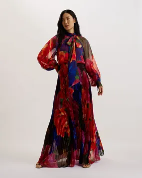 Adanie Floral Tie Neck Pleated Maxi Dress Multicol