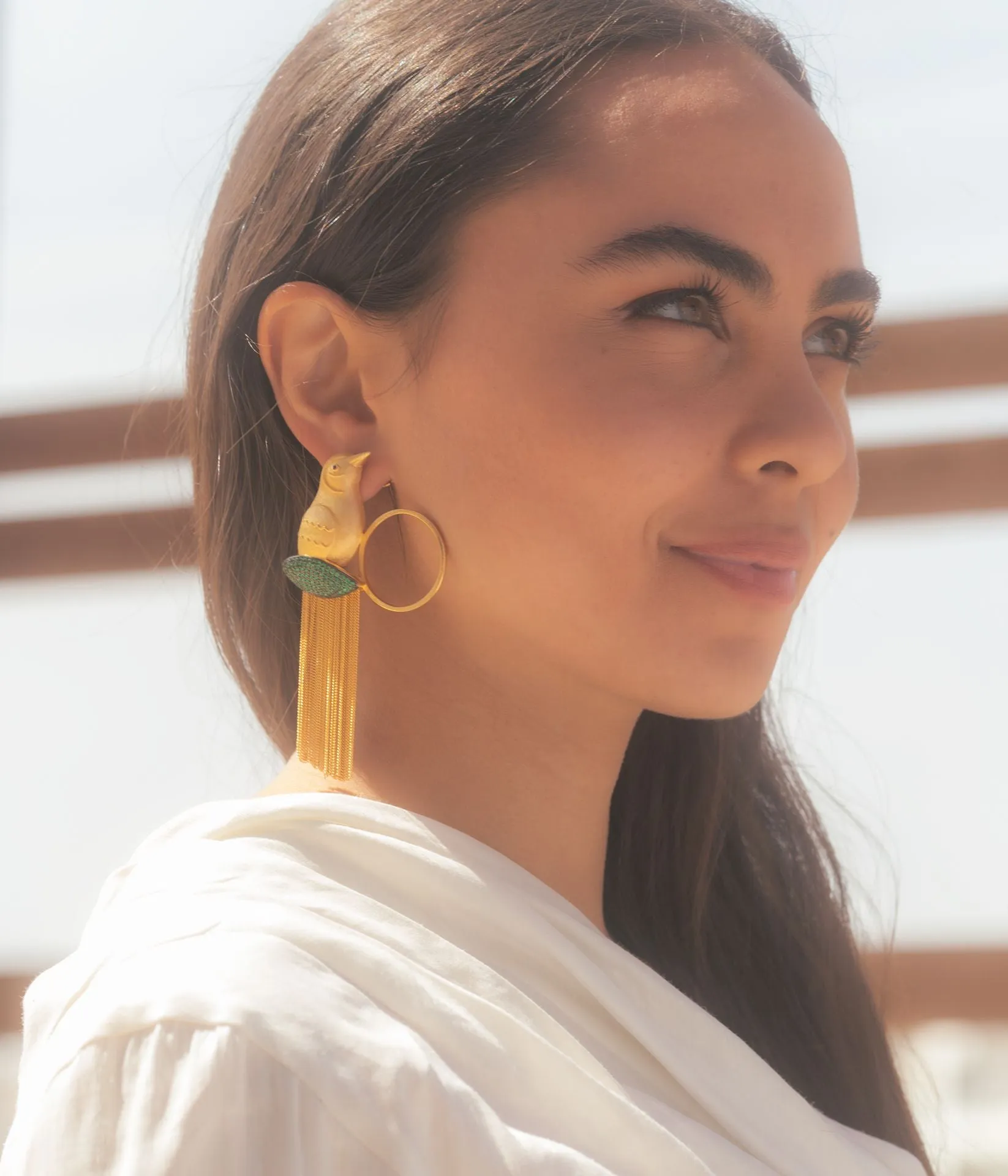 AMMANNI Pavé Mix and Match Bird and Hoop Statement Earrings with Tassels in Vermeil Gold