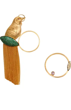 AMMANNI Pavé Mix and Match Bird and Hoop Statement Earrings with Tassels in Vermeil Gold