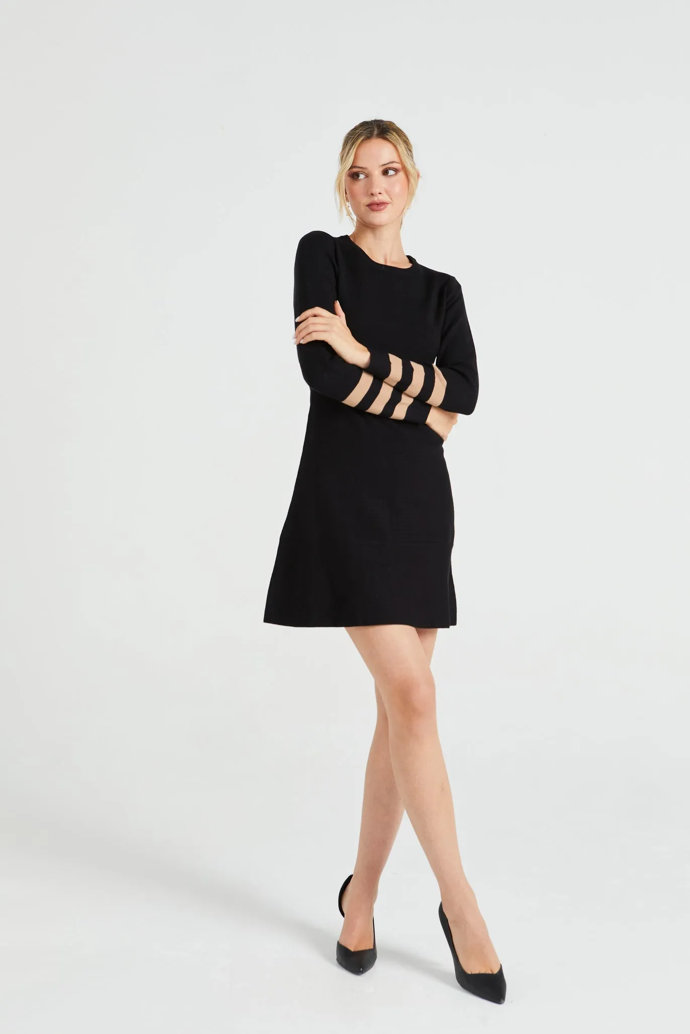 Angeleye Knitted Midi Dress In Black With Nude Stipe Sleeve