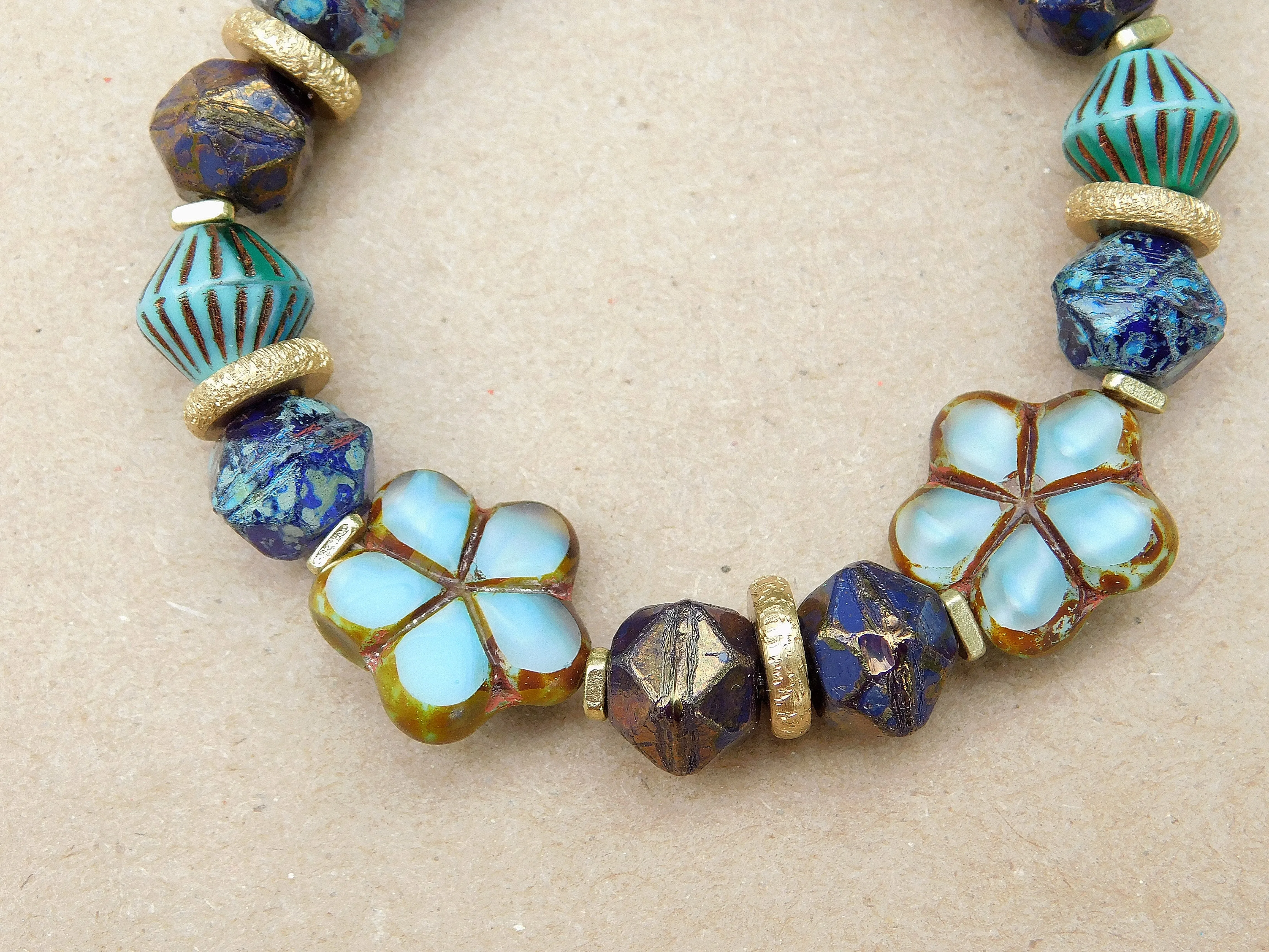 Aqua Silk Flower Czech Boho Bracelet