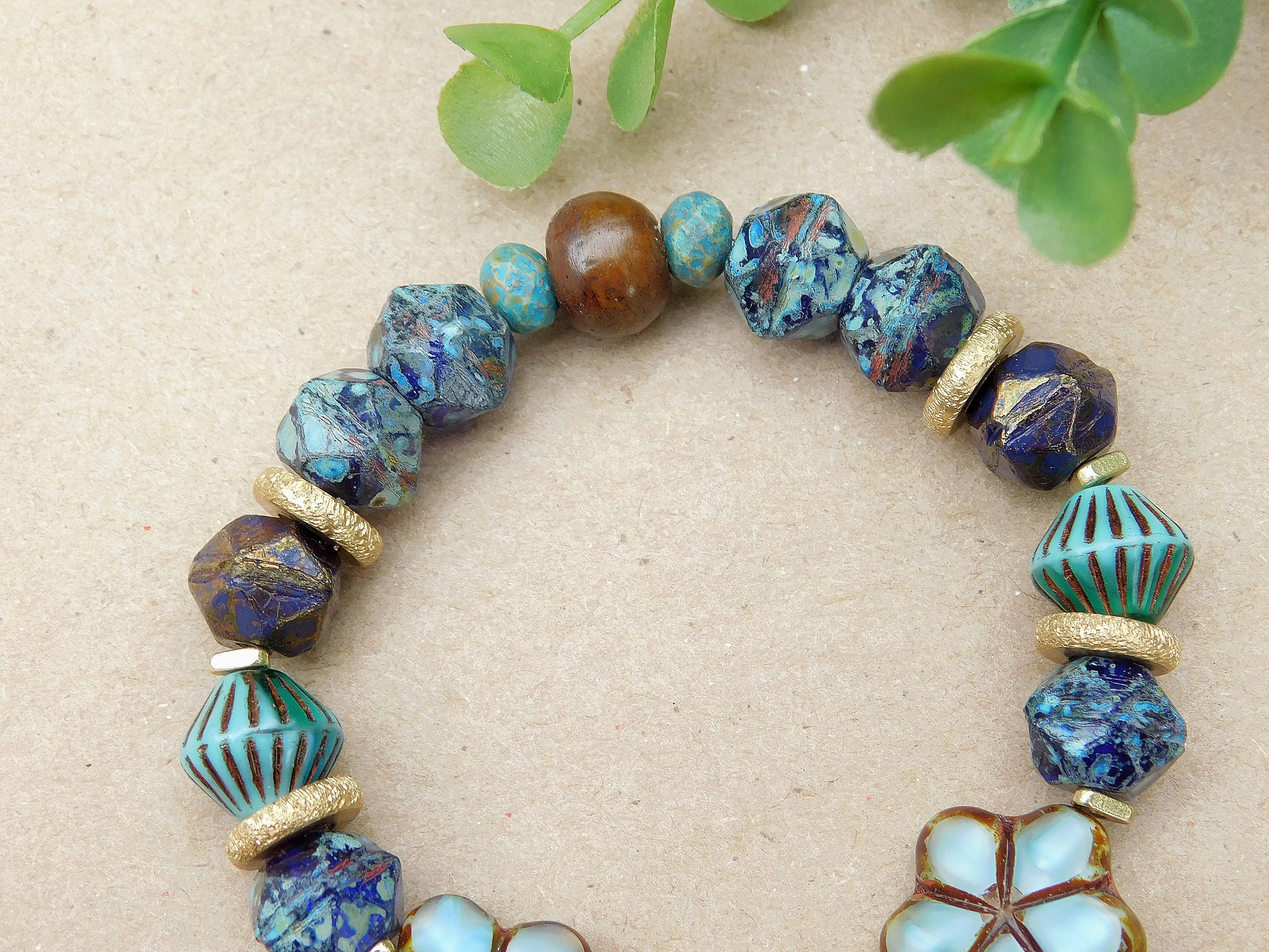 Aqua Silk Flower Czech Boho Bracelet