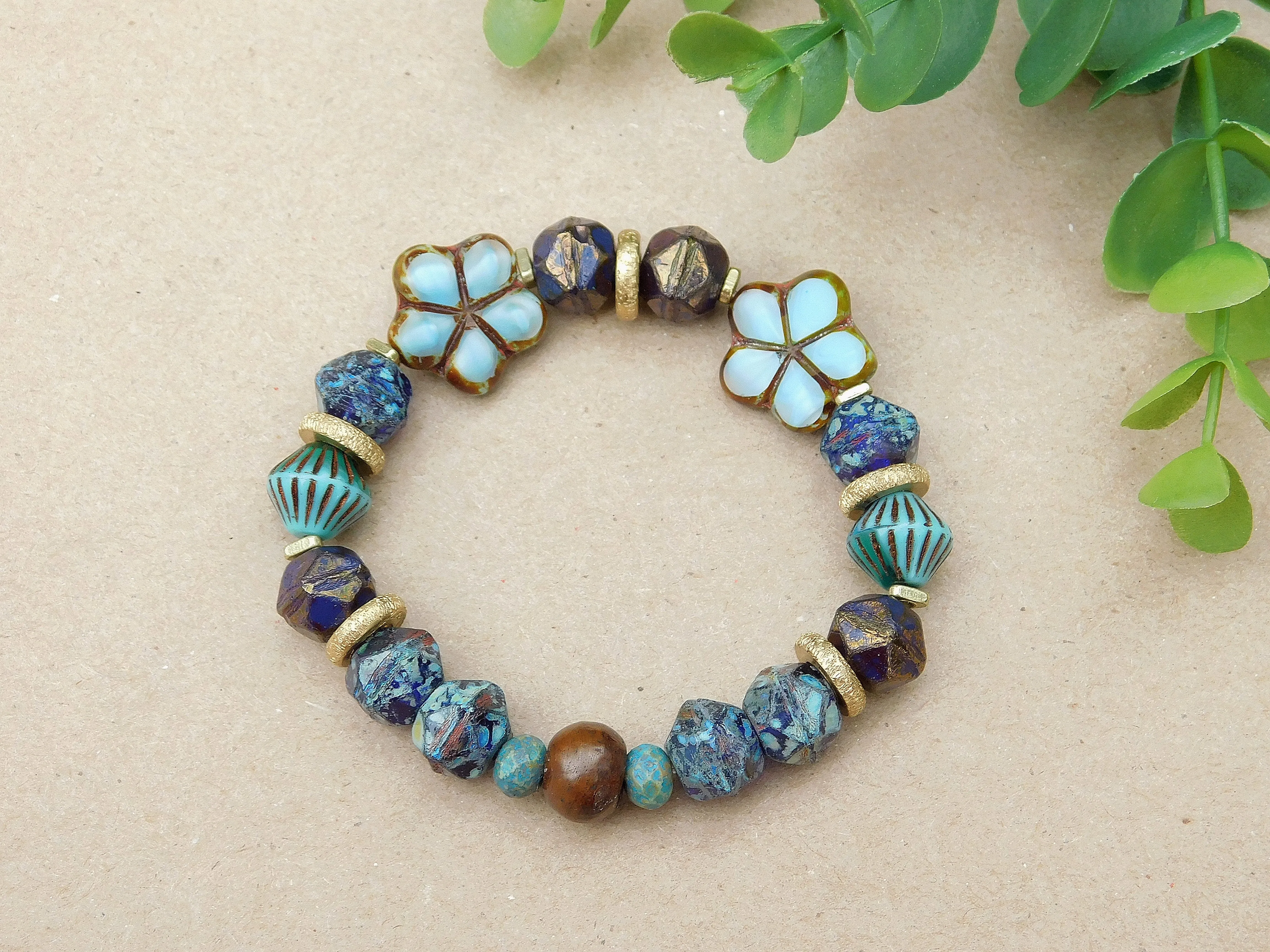 Aqua Silk Flower Czech Boho Bracelet