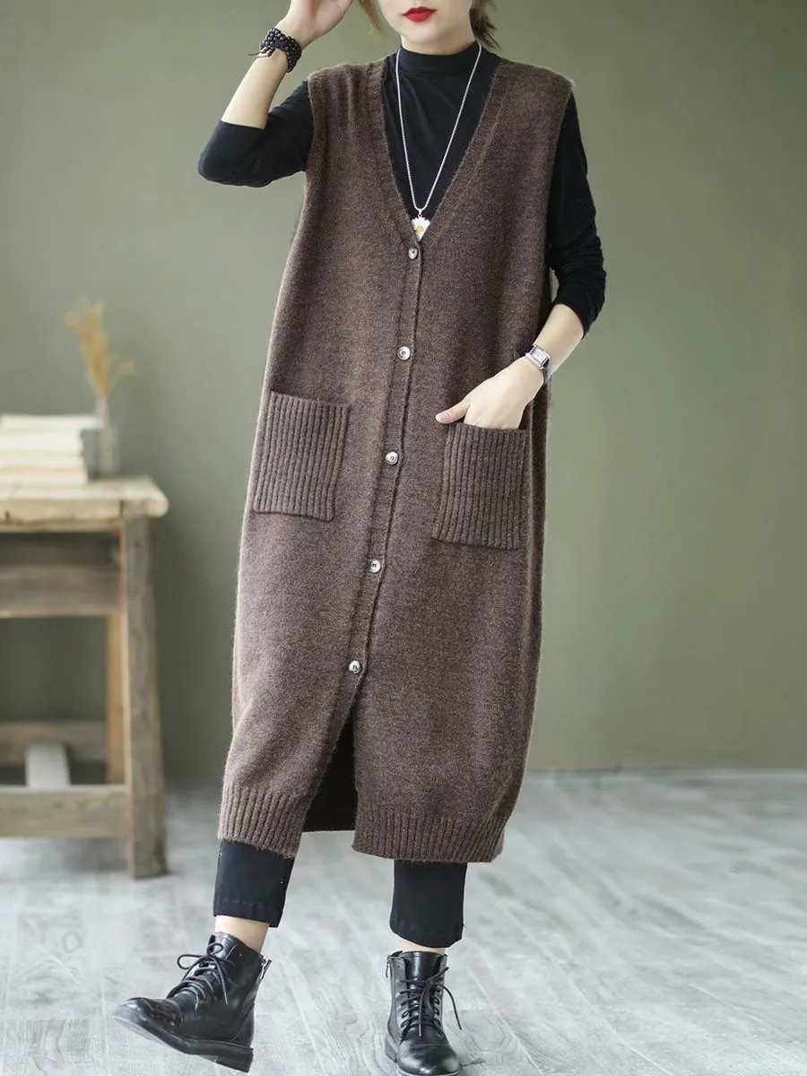 Artsy Solid Knitted Long Vest Sleeveless Sweater