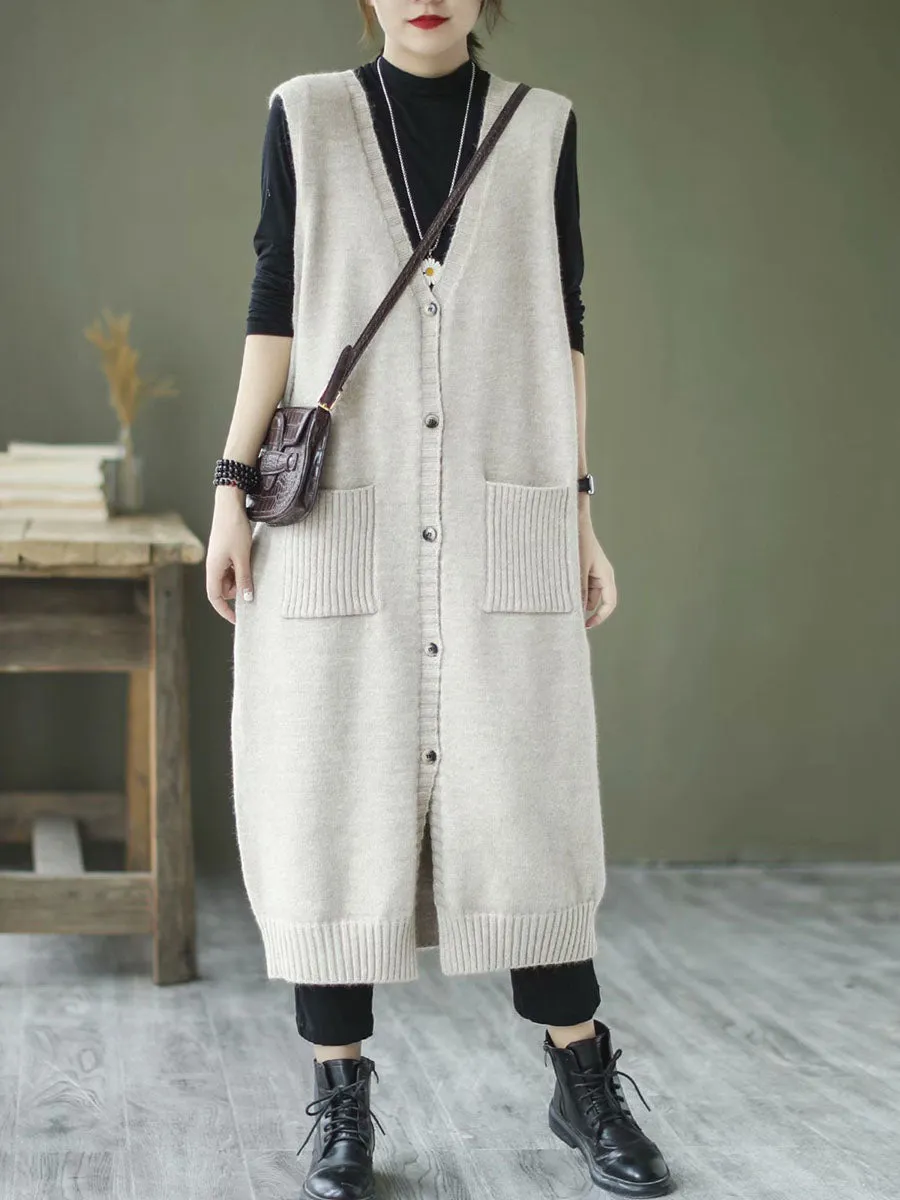 Artsy Solid Knitted Long Vest Sleeveless Sweater