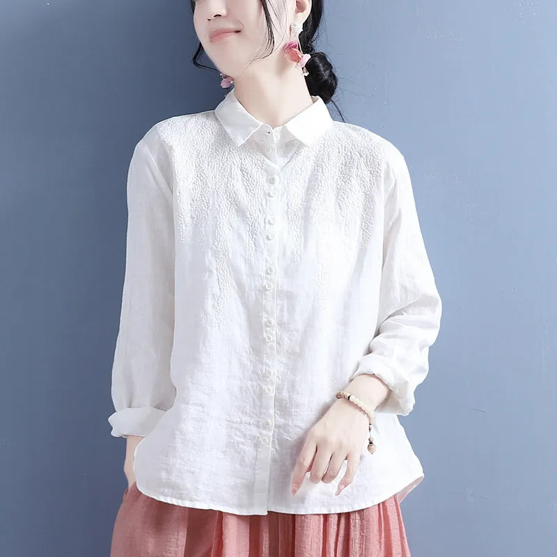 Autumn Linen Embroidery Long Sleeve Casual Loose Blouse