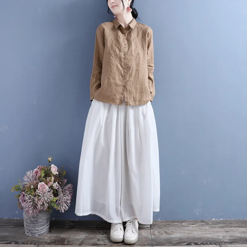 Autumn Linen Embroidery Long Sleeve Casual Loose Blouse