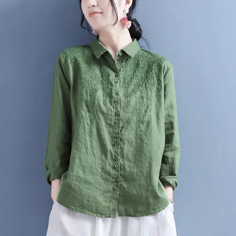 Autumn Linen Embroidery Long Sleeve Casual Loose Blouse