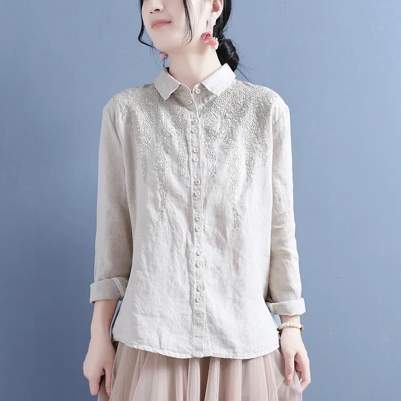 Autumn Linen Embroidery Long Sleeve Casual Loose Blouse