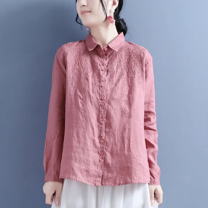 Autumn Linen Embroidery Long Sleeve Casual Loose Blouse