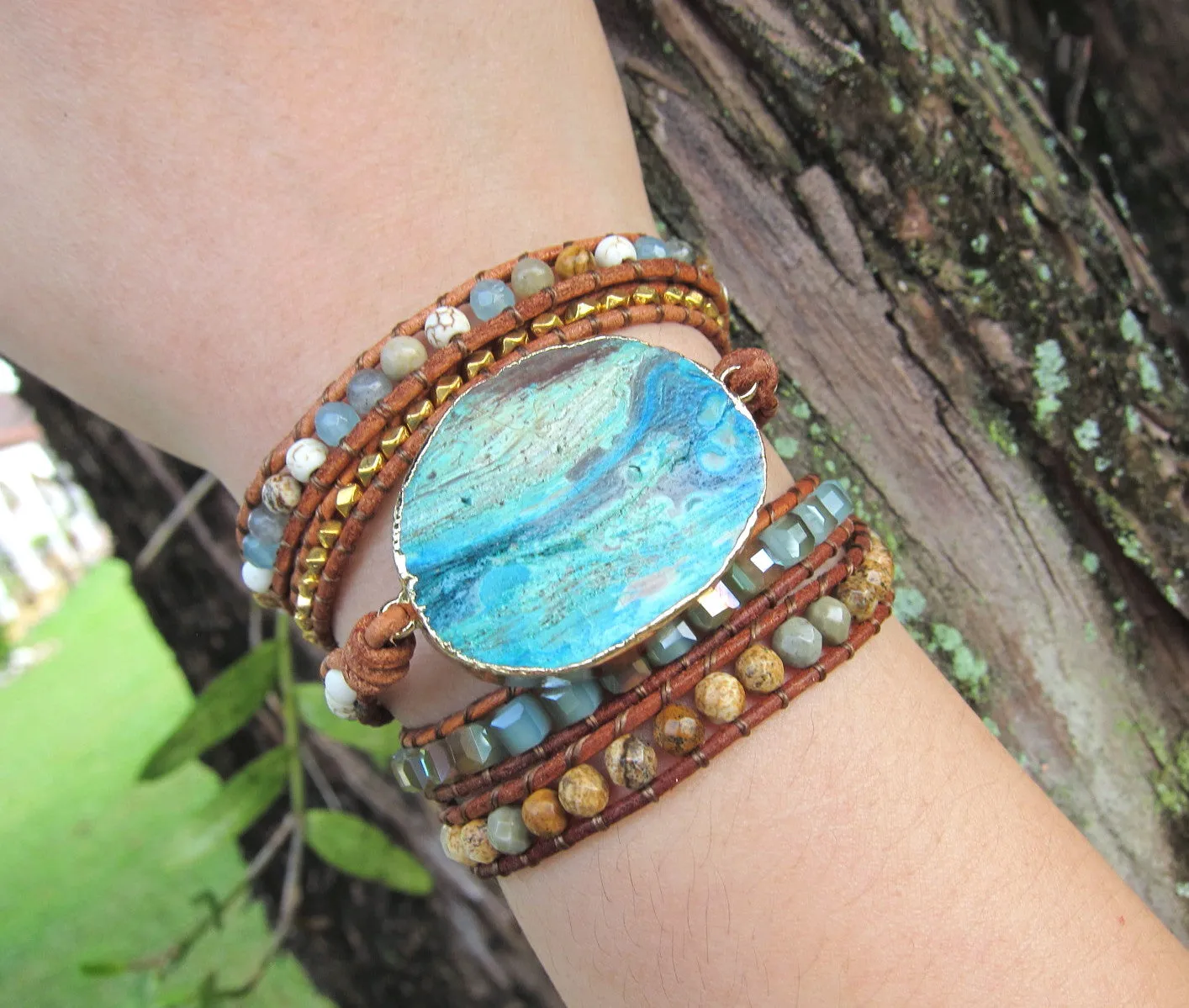 Azurea Gilded Turquoise Stone 5X Wrap Bracelet