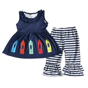 Back to School Crayon Stripe Ruffle Accent Outfit Kids Girls