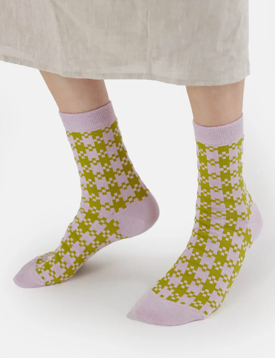 Baggu Crew Sock - Pink Pistachio Pixel Gingham