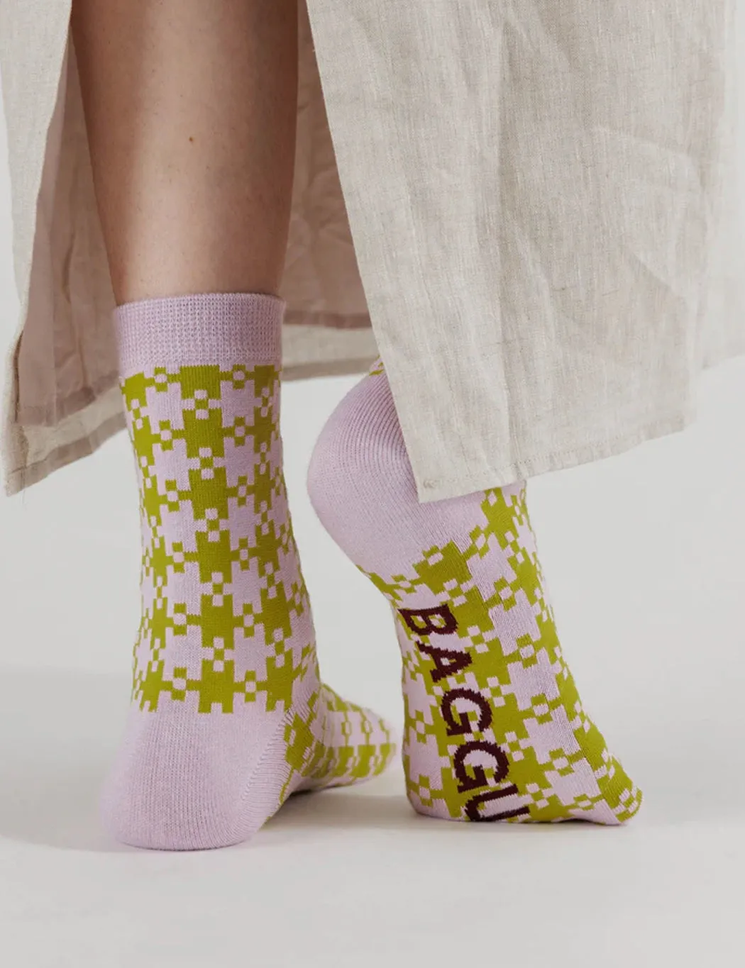 Baggu Crew Sock - Pink Pistachio Pixel Gingham