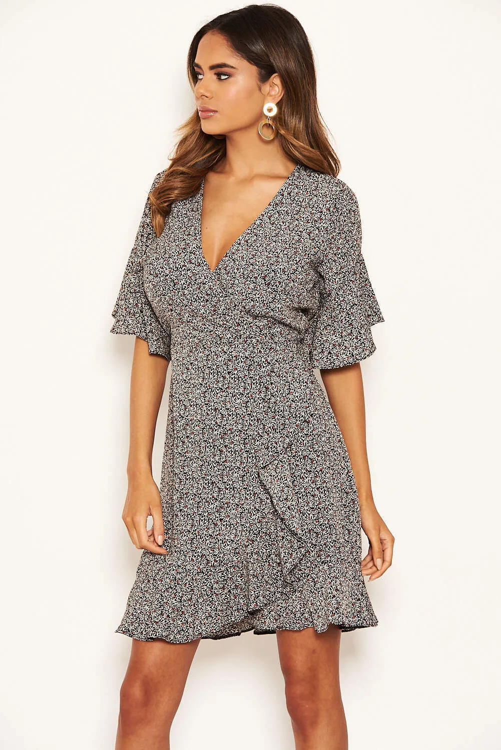 Black Ditsy Printed Frill Hem Wrap Dress