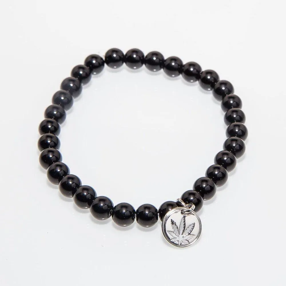 Black Onyx Beaded Bracelet Sterling Silver Sativa Leaf Charm