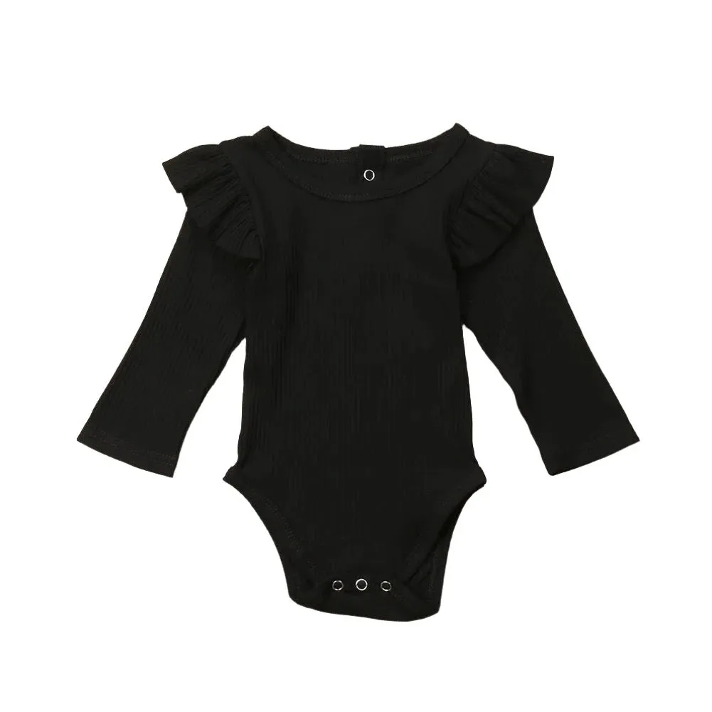 Black Ribbed Flutter Sleeve Romper Onesie - Baby Girls Layette