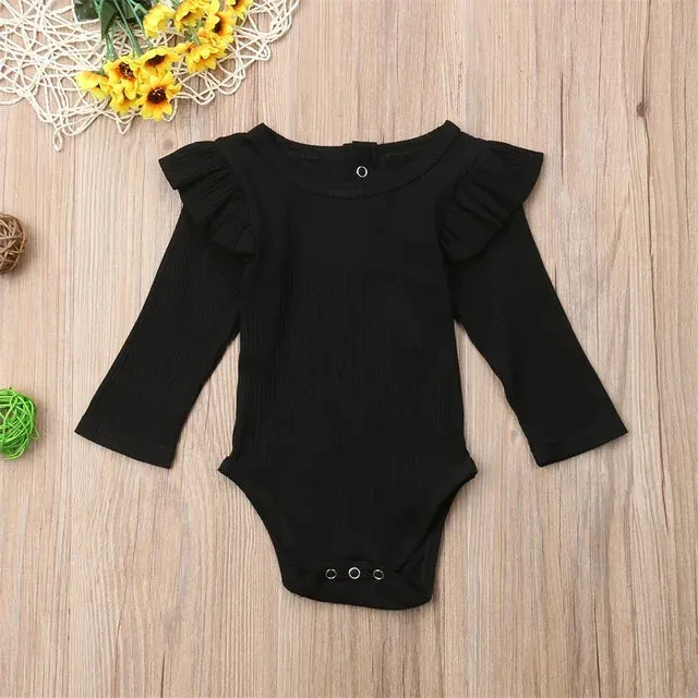 Black Ribbed Flutter Sleeve Romper Onesie - Baby Girls Layette