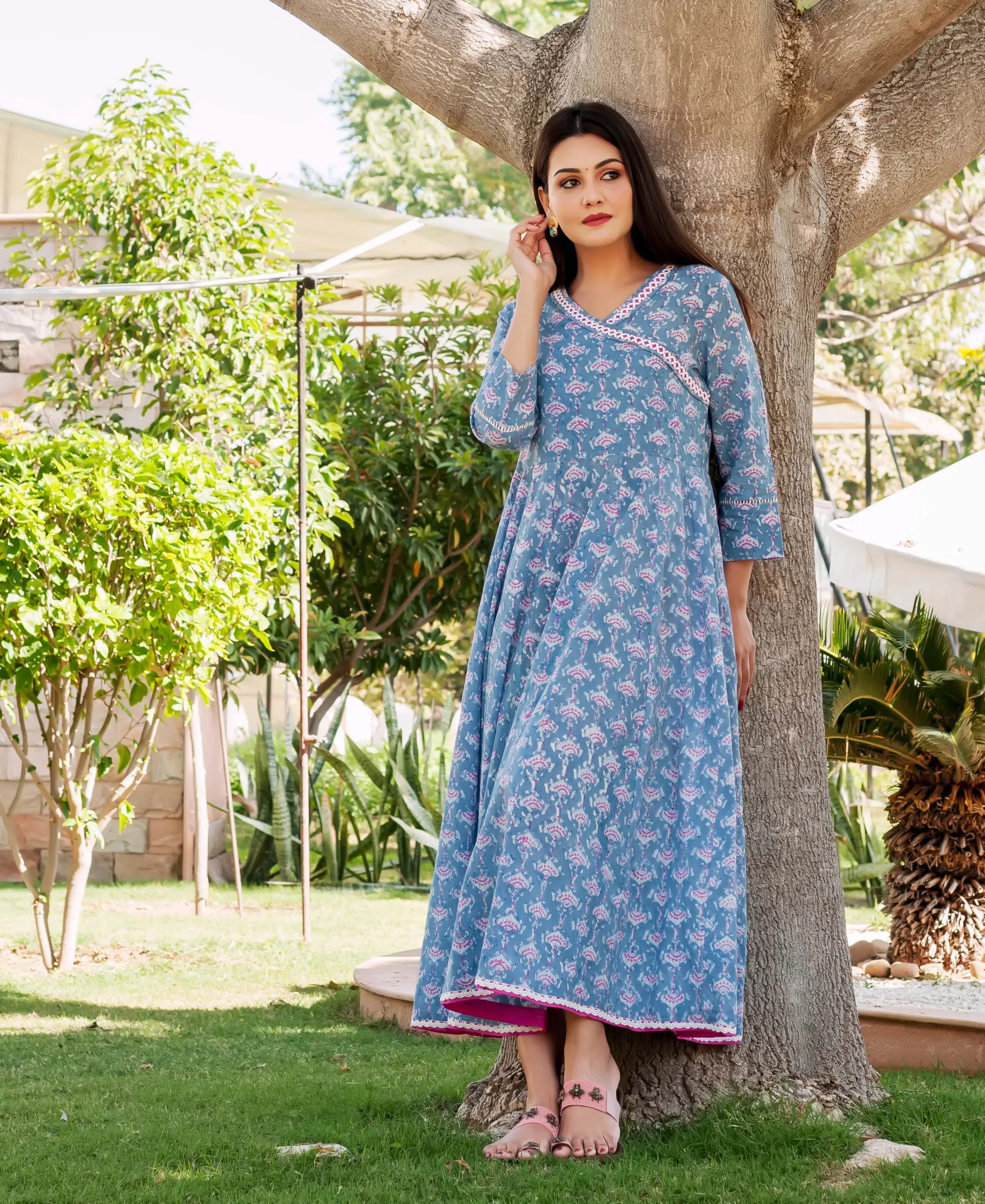 Blue and Pink Hand Block Printed Angrakha Style Kurta