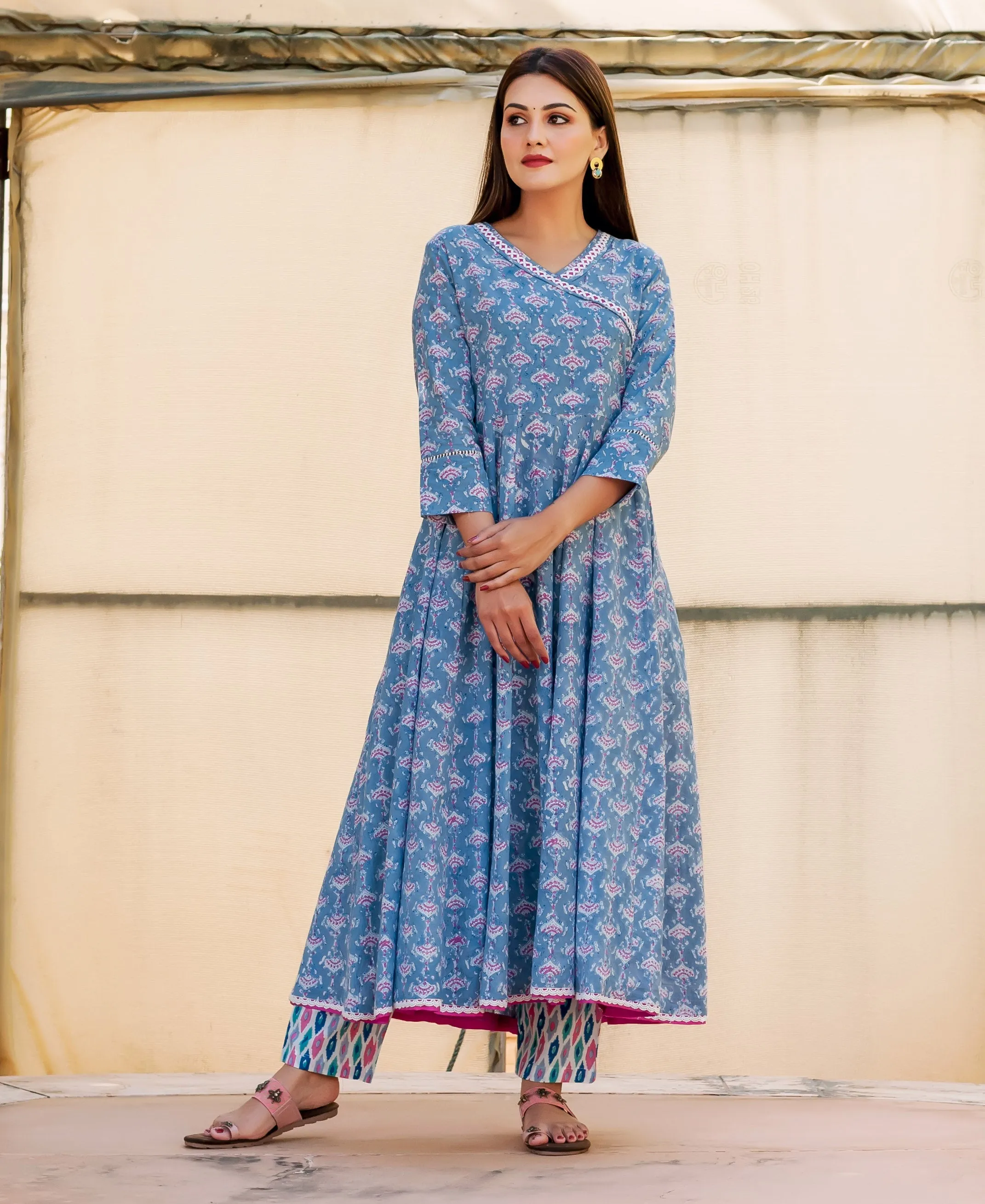 Blue and Pink Hand Block Printed Angrakha Style Kurta