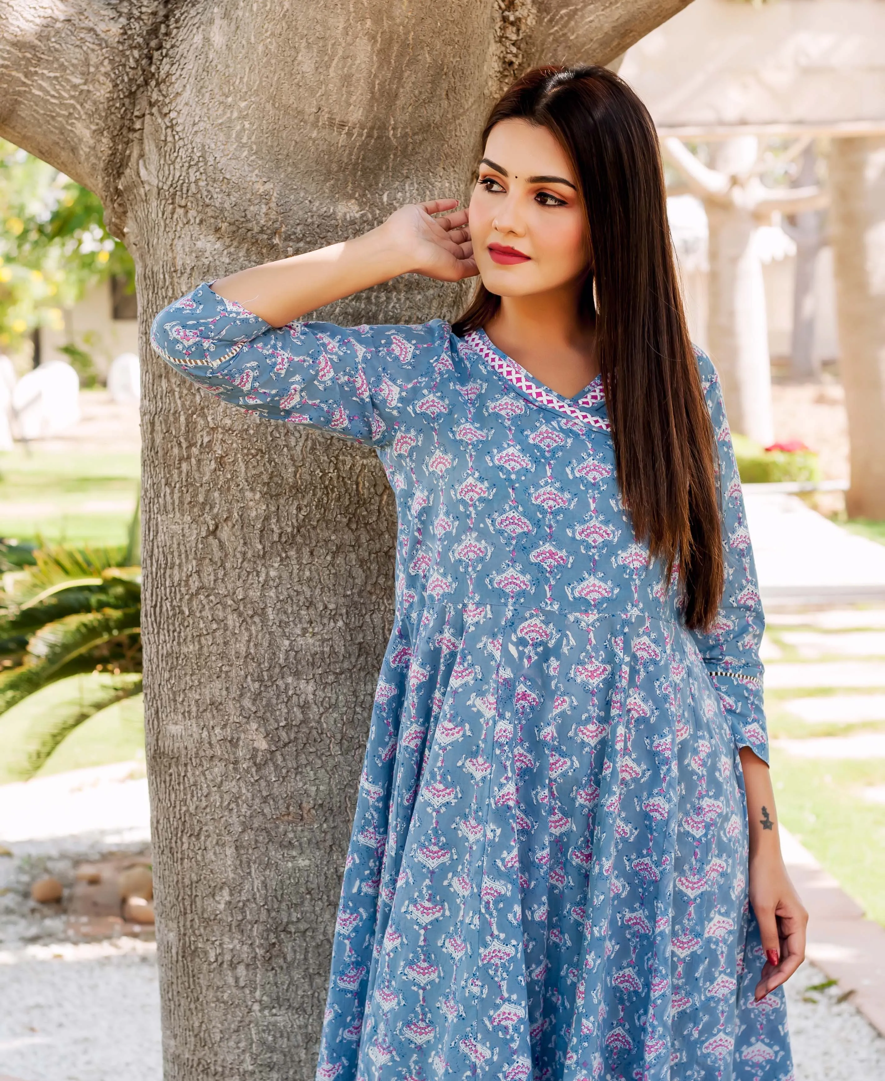 Blue and Pink Hand Block Printed Angrakha Style Kurta