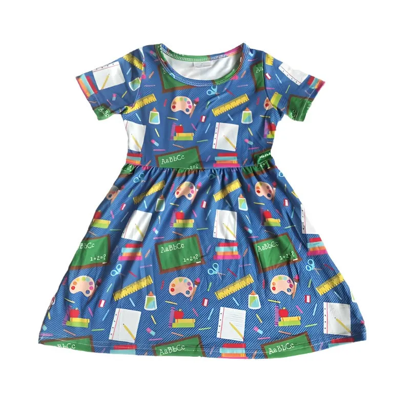 Blue Background Short Sleeve School Supplies Theme Dress