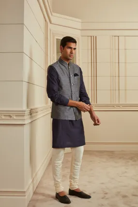 Blue Brocade Kurta Bundi Set