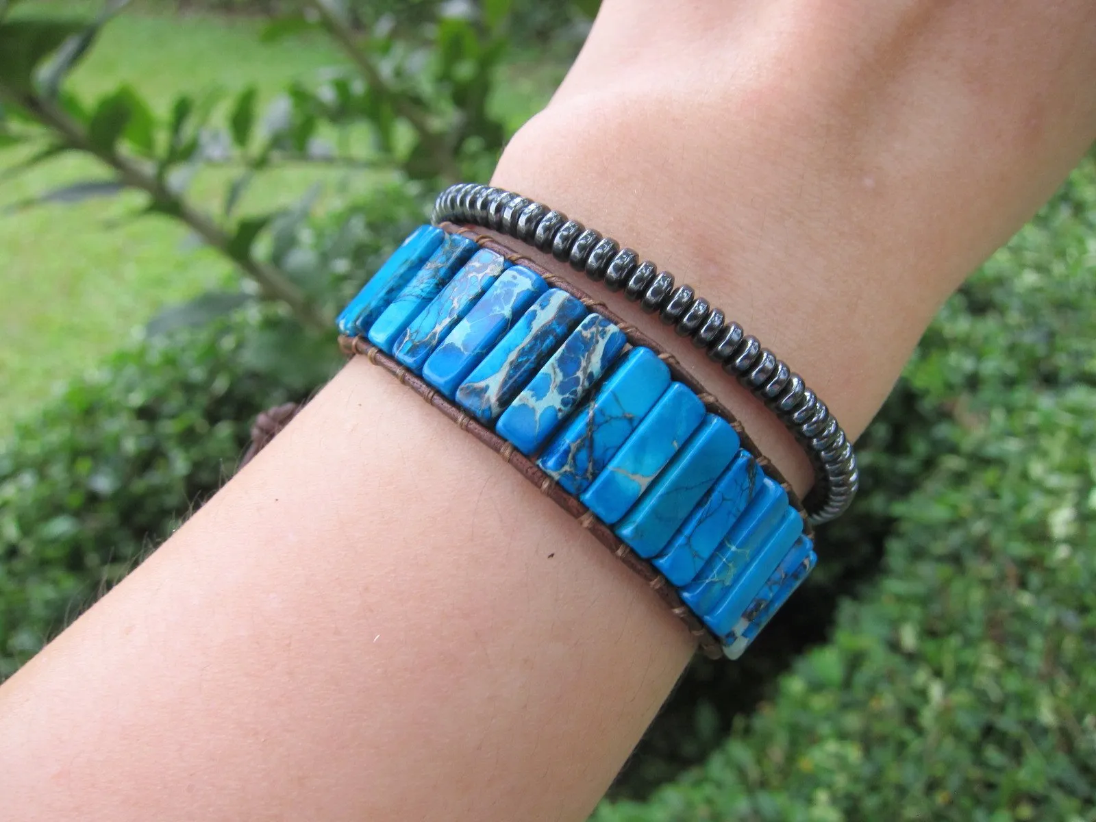 Blue Jasper Tubestone Leather Wrap Bracelet