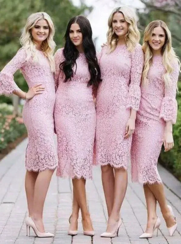 Bodycon Round Neck Knee Length Pink Lace Bridesmaid Dress