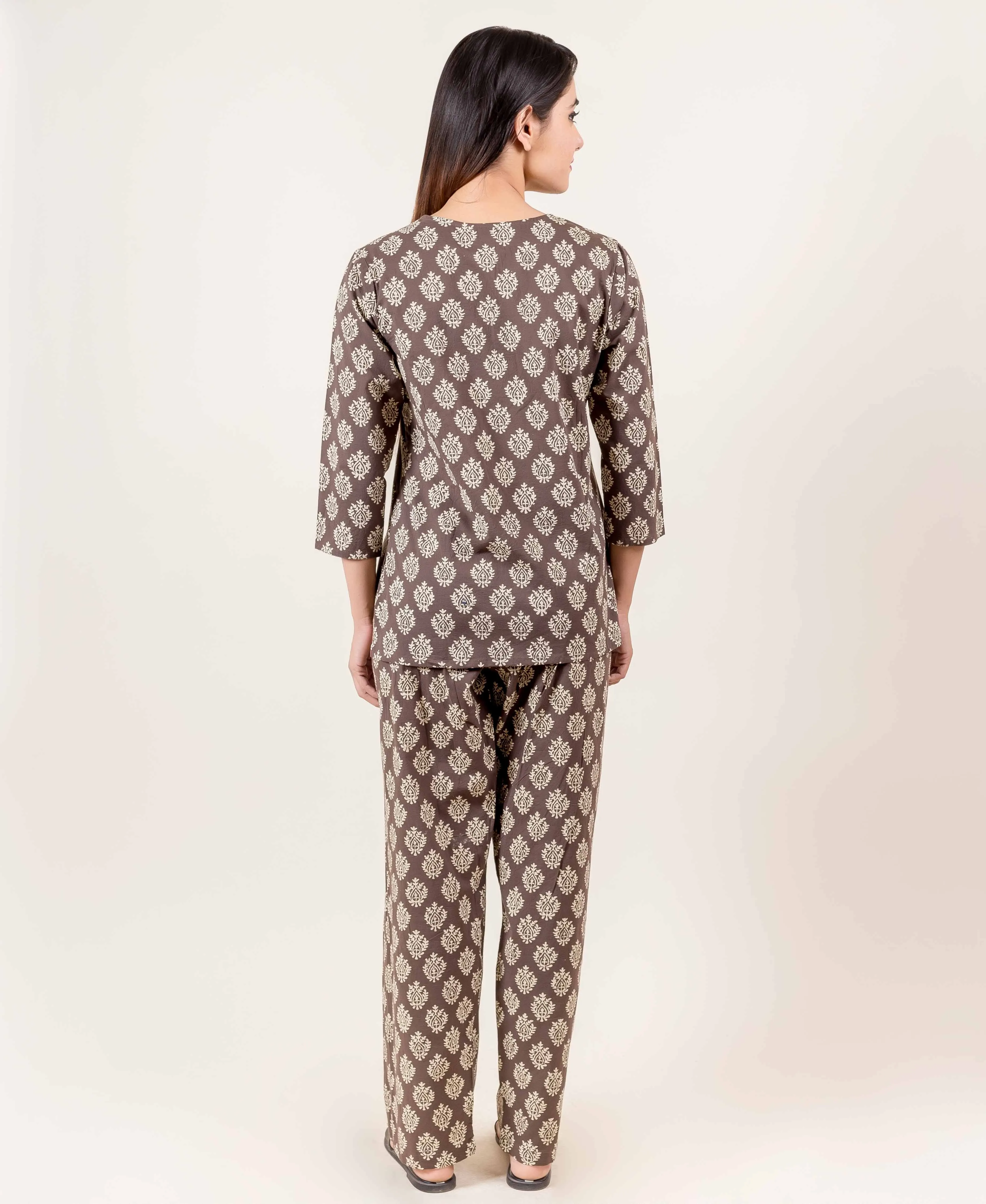 Brown Cotton Hand Block Printed Top and Pajama