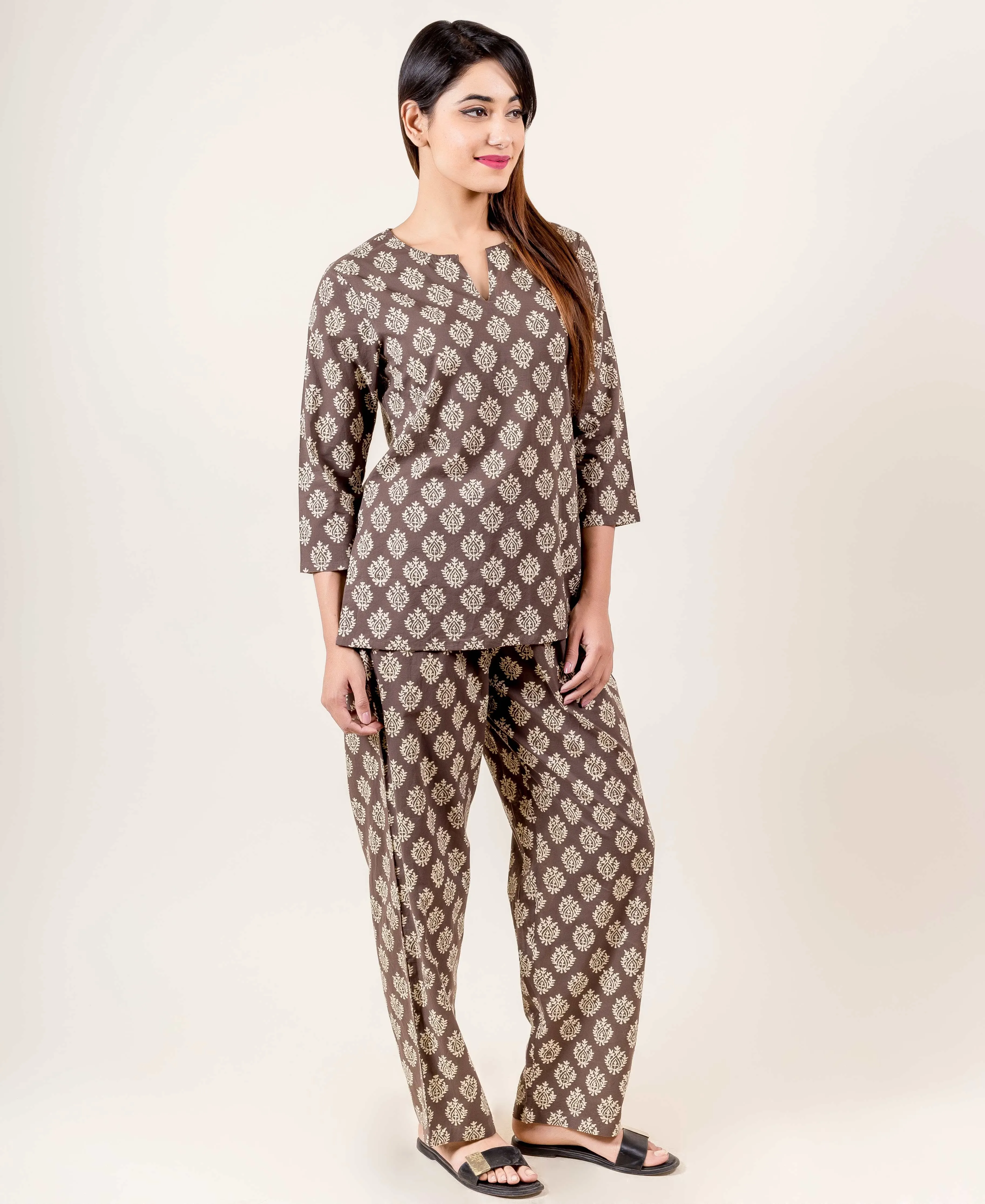 Brown Cotton Hand Block Printed Top and Pajama