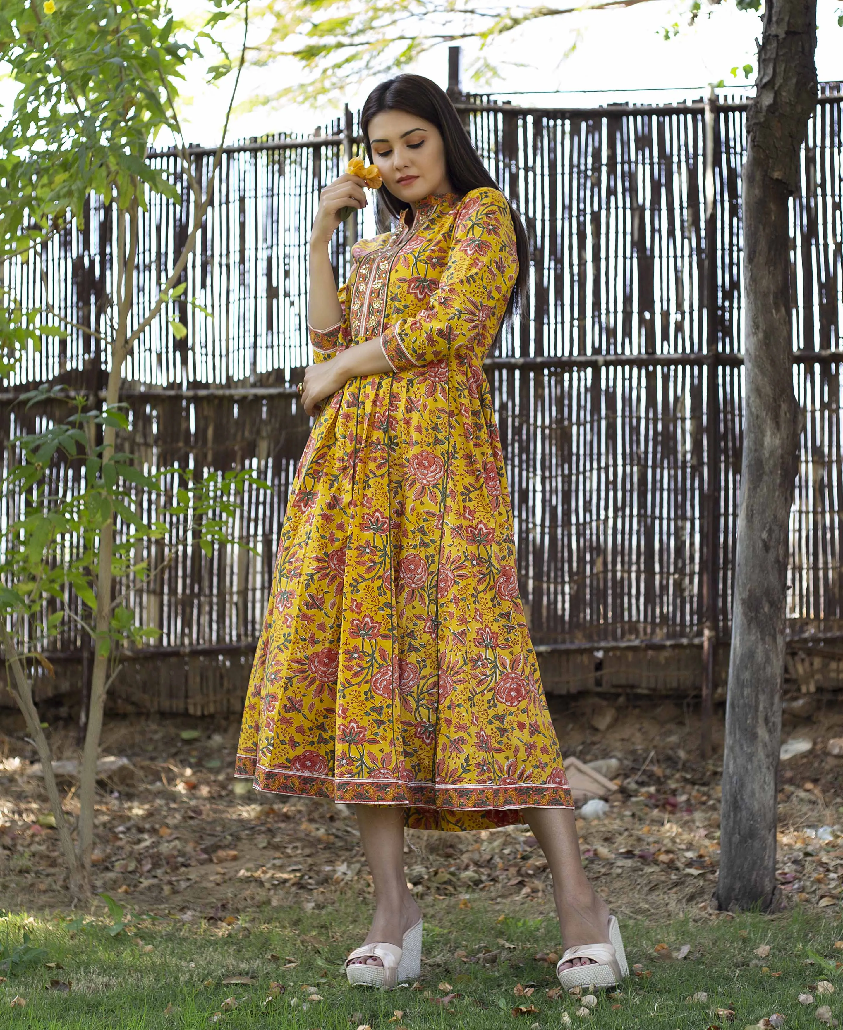 Canary Yellow and Pink Hand Block Printed Kurta