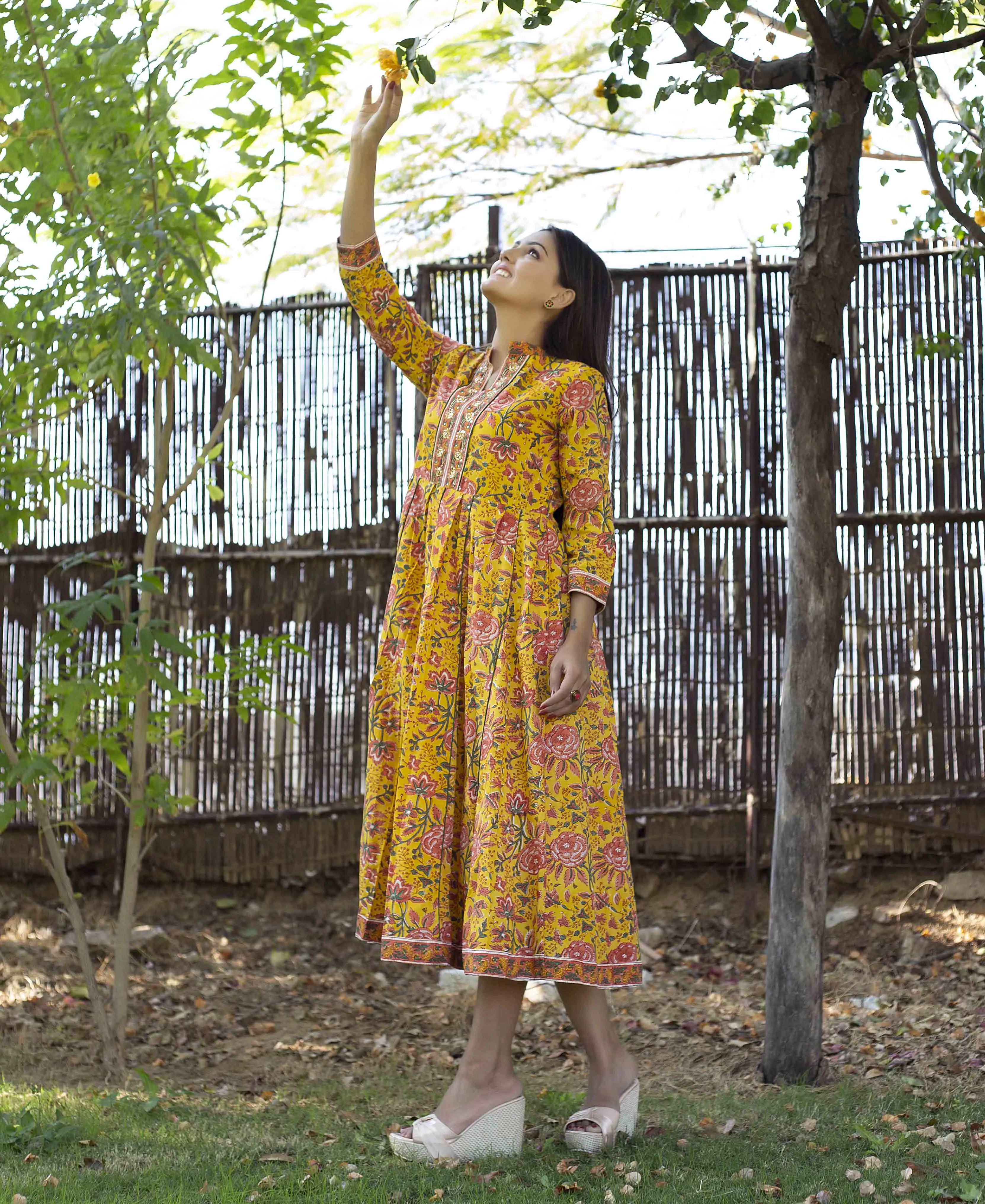 Canary Yellow and Pink Hand Block Printed Kurta