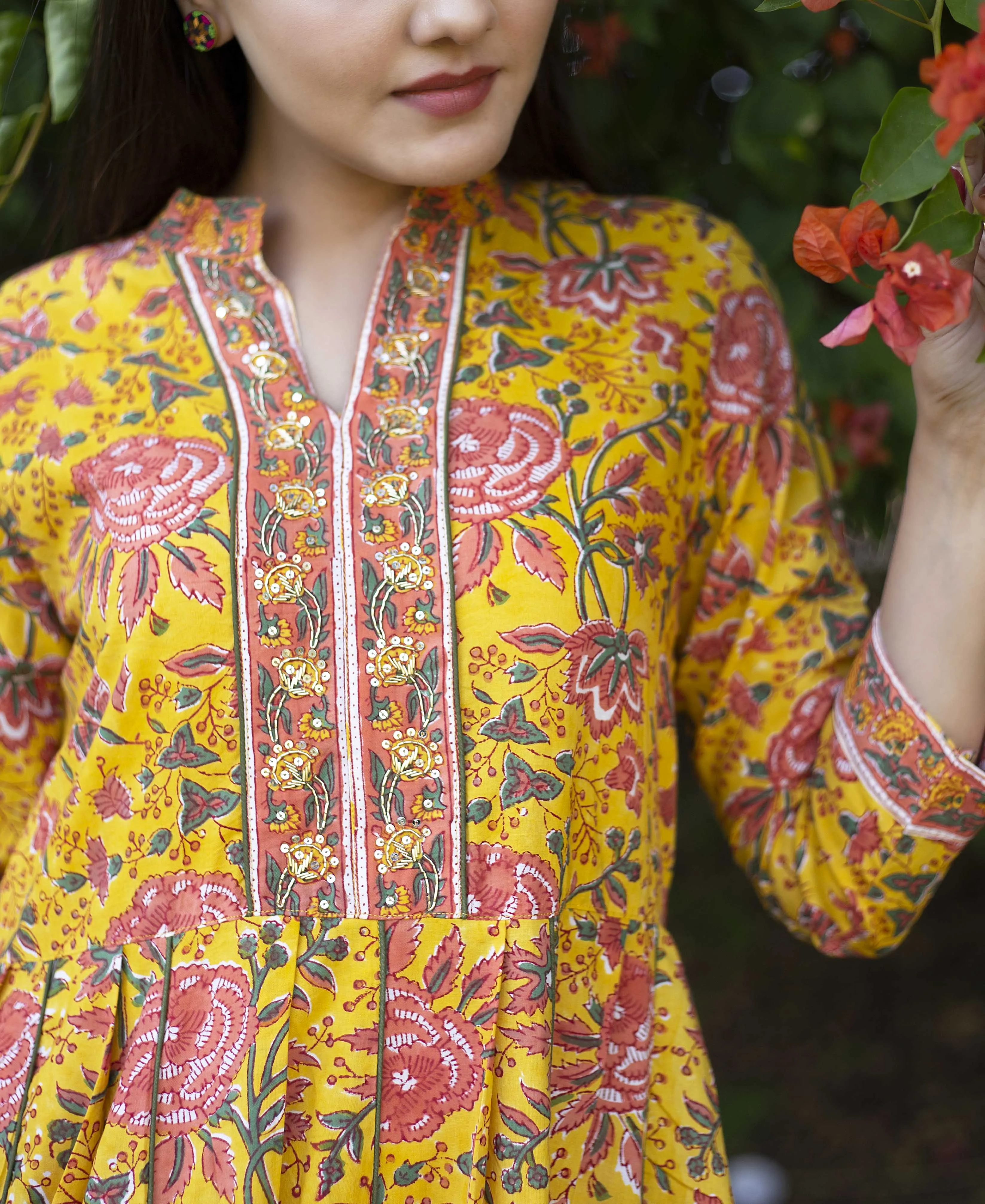 Canary Yellow and Pink Hand Block Printed Kurta