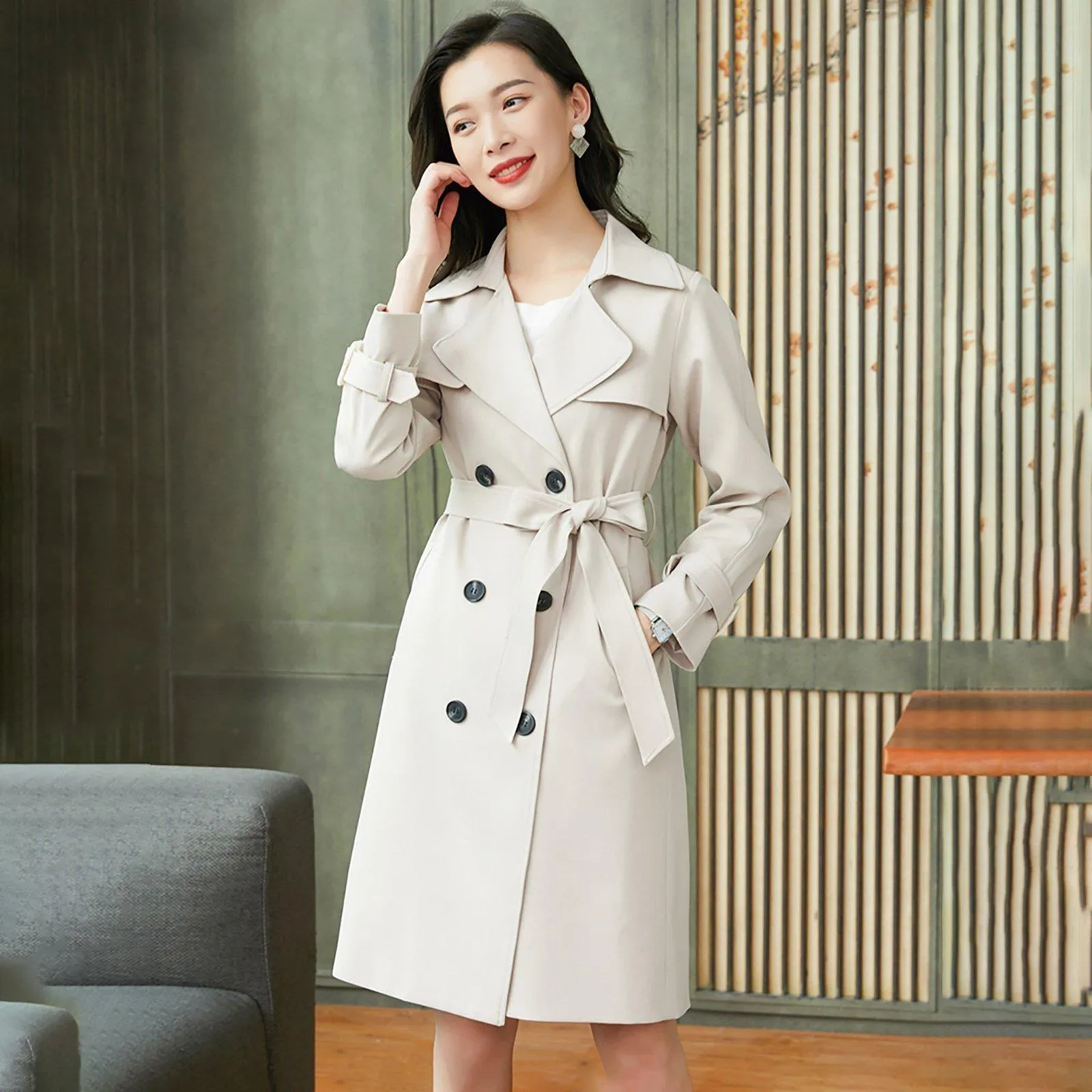 Custom Double Breasted Tie Waist Flap Beige Trench Coat