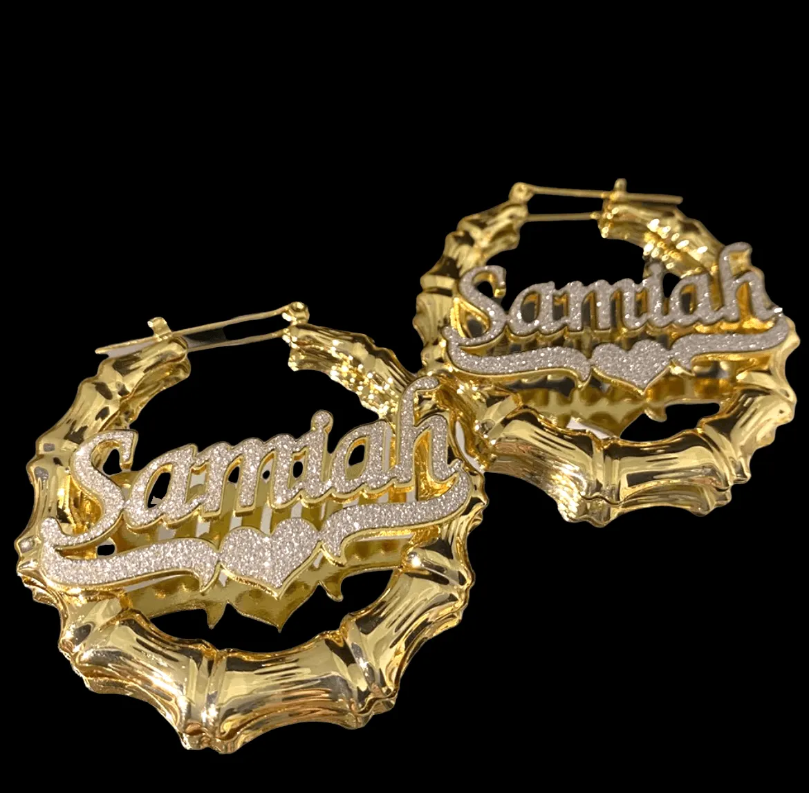 Custom Name Gold Plated Stainless Steel Bling Bamboo Hoop Earrings