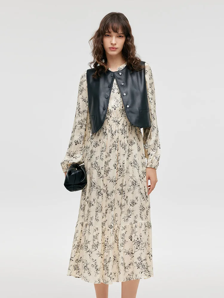 Eco-Friendly Fur Vest And Floral Printed Dress Two-Piece Set