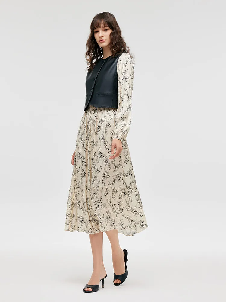 Eco-Friendly Fur Vest And Floral Printed Dress Two-Piece Set