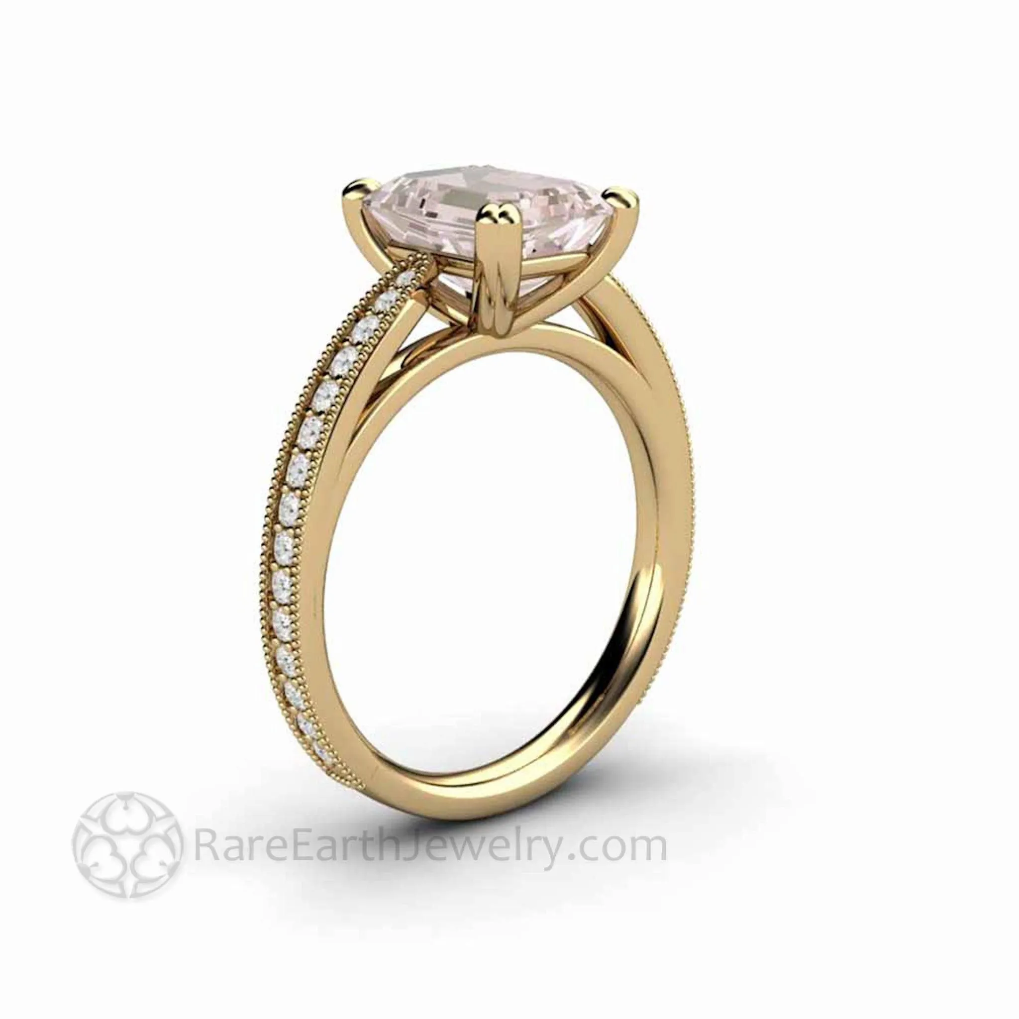 Emerald Cut Morganite Engagement Ring Vintage Style Accented Solitaire