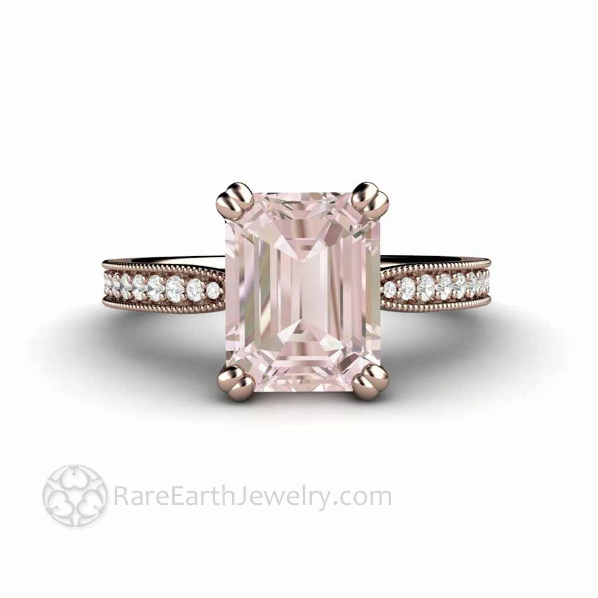 Emerald Cut Morganite Engagement Ring Vintage Style Accented Solitaire