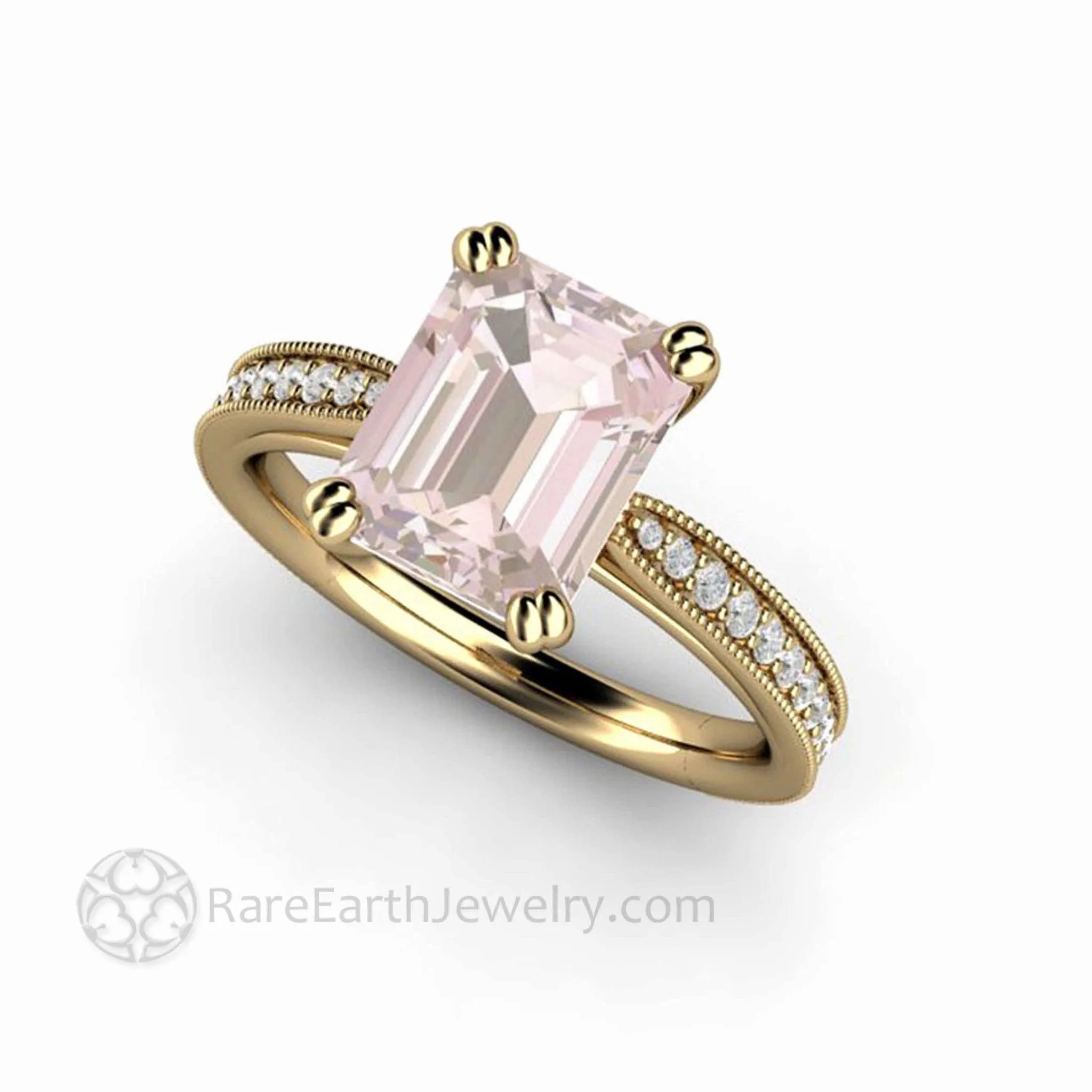 Emerald Cut Morganite Engagement Ring Vintage Style Accented Solitaire