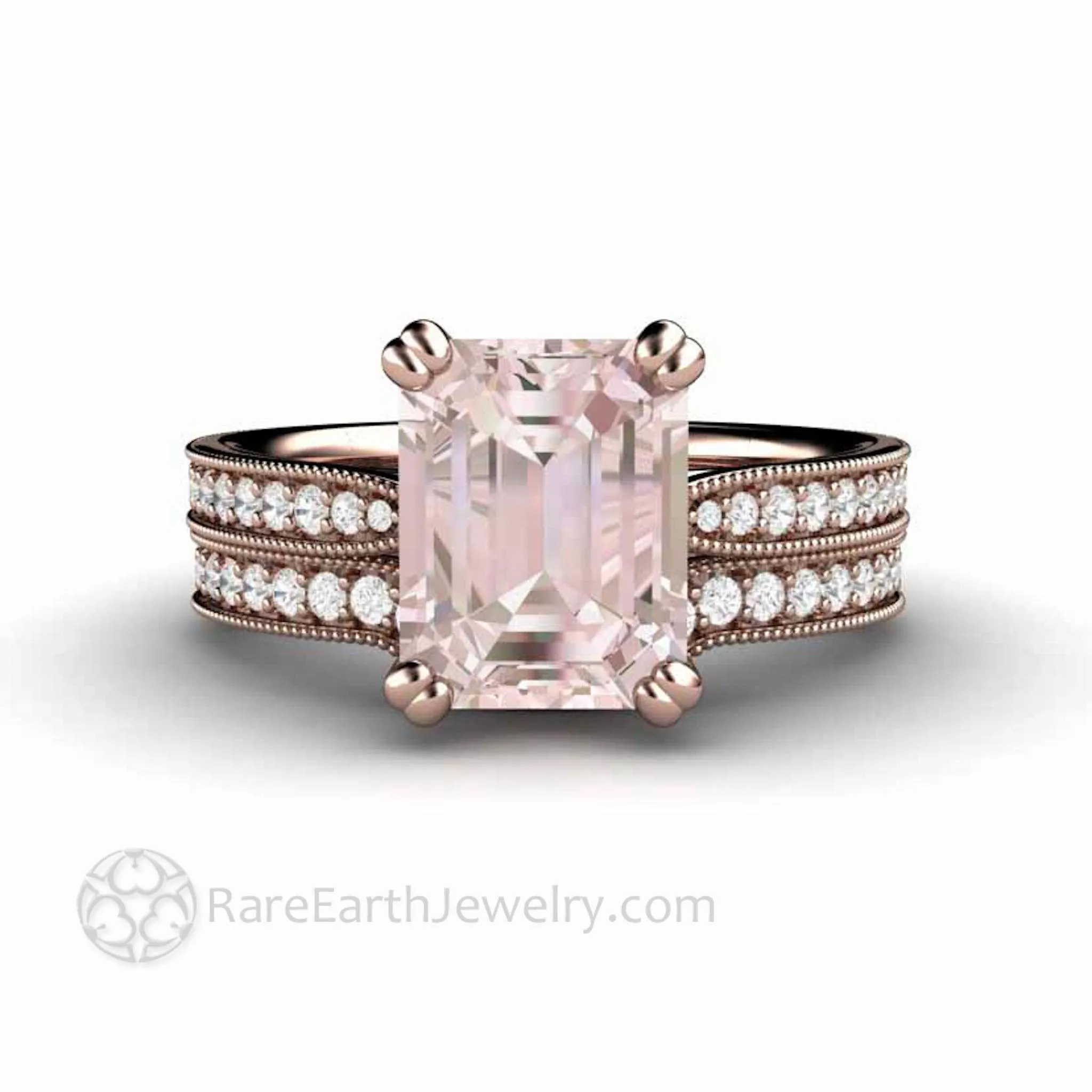 Emerald Cut Morganite Engagement Ring Vintage Style Accented Solitaire